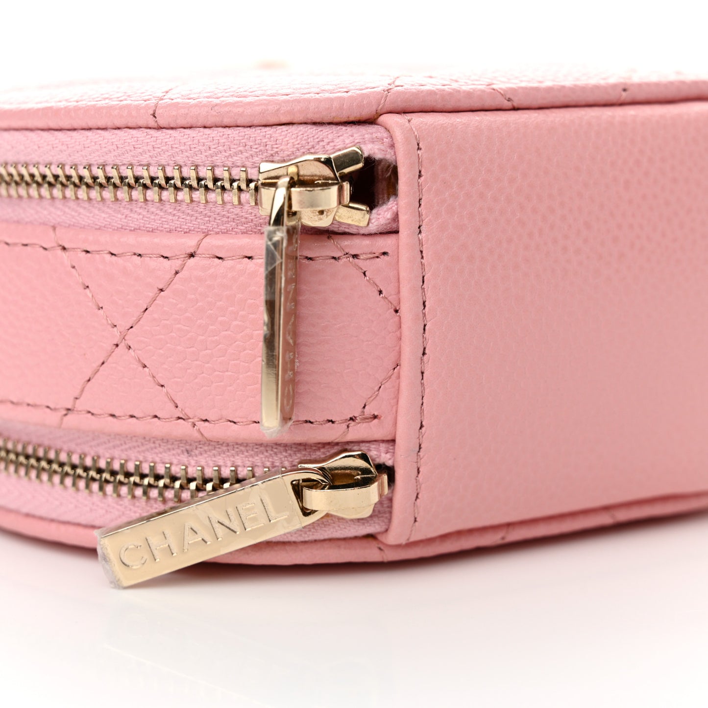 Caviar Quilted Round Handle With Care Vanity With Chain Pink