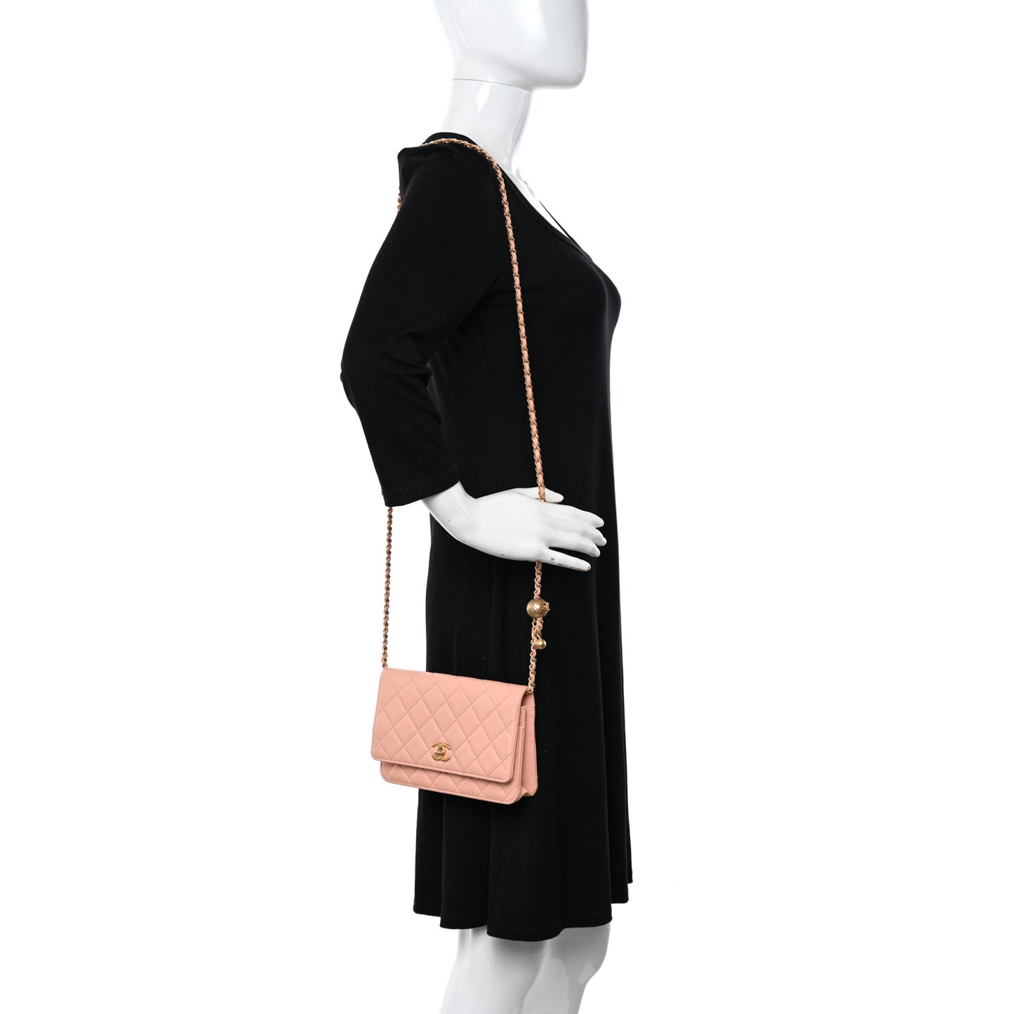 Lambskin Quilted Pearl Crush Wallet on Chain WOC Light Orange