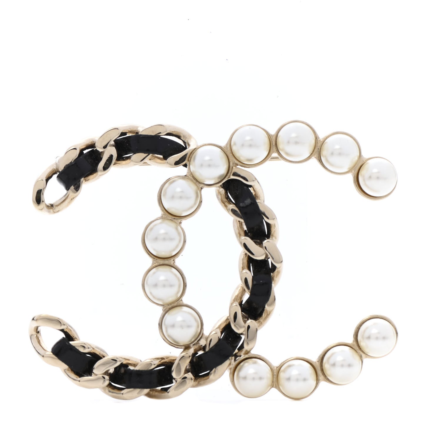 Lambskin Pearl CC Chain Brooch Black Gold