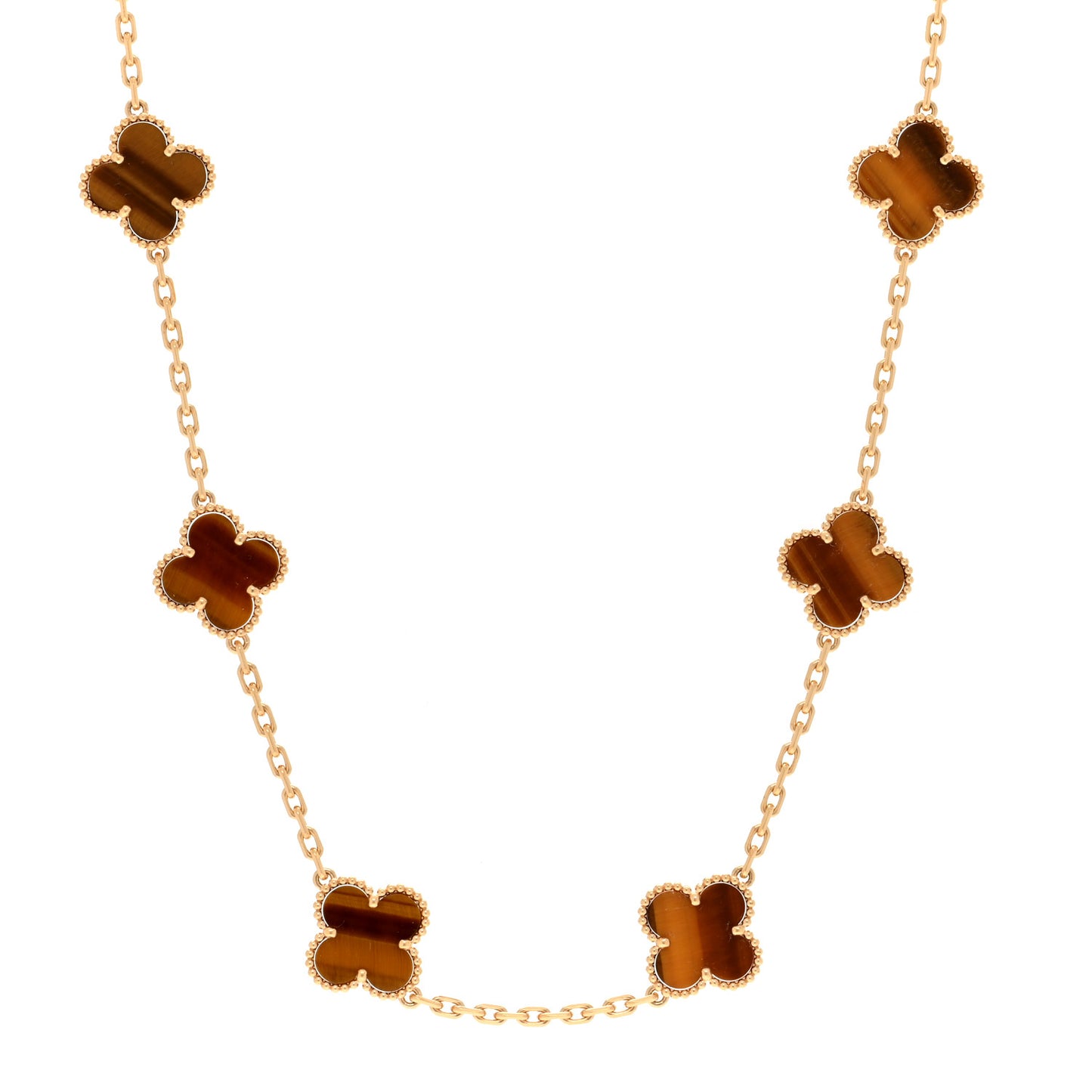18K Yellow Gold Tiger Eye 10 Motifs Vintage Alhambra Necklace