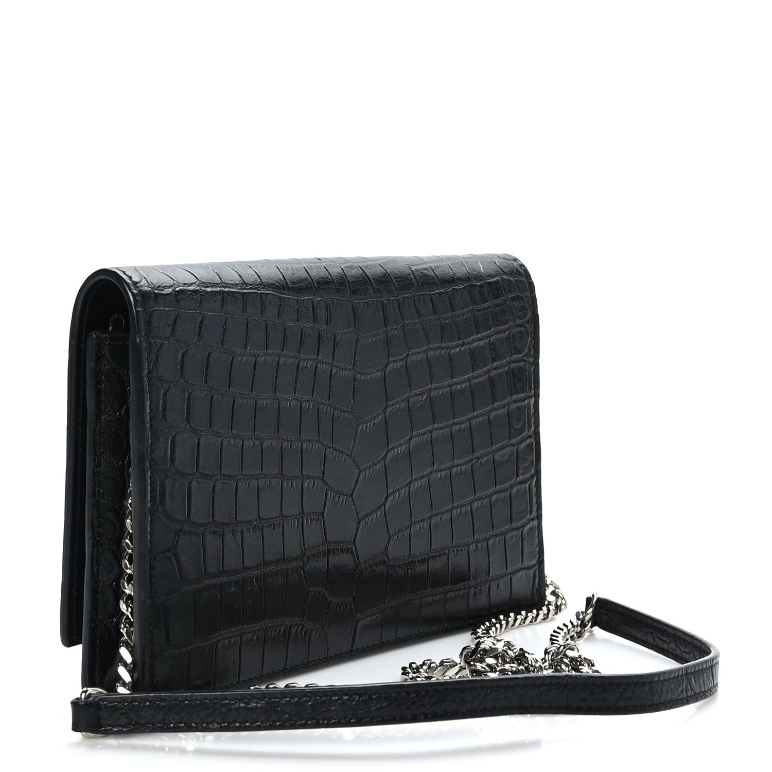 Saint Laurent Calfskin Crocodile Embossed Kate Monogram Tassel Chain Wallet Black 3 of 8