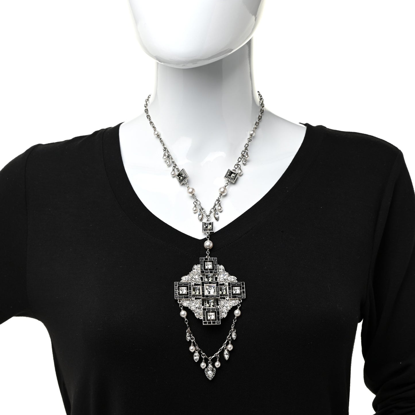 Crystal Strass Pearl CC Necklace Silver Black