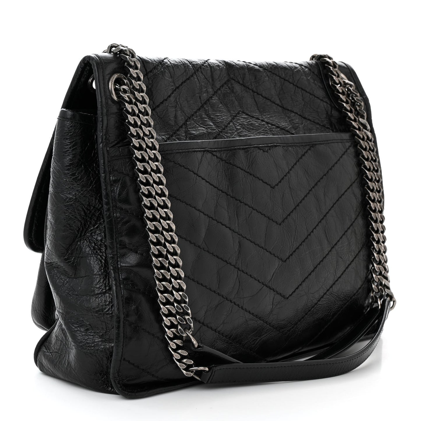 Crinkled Calfskin Matelasse Monogram Large Niki Chain Satchel Black