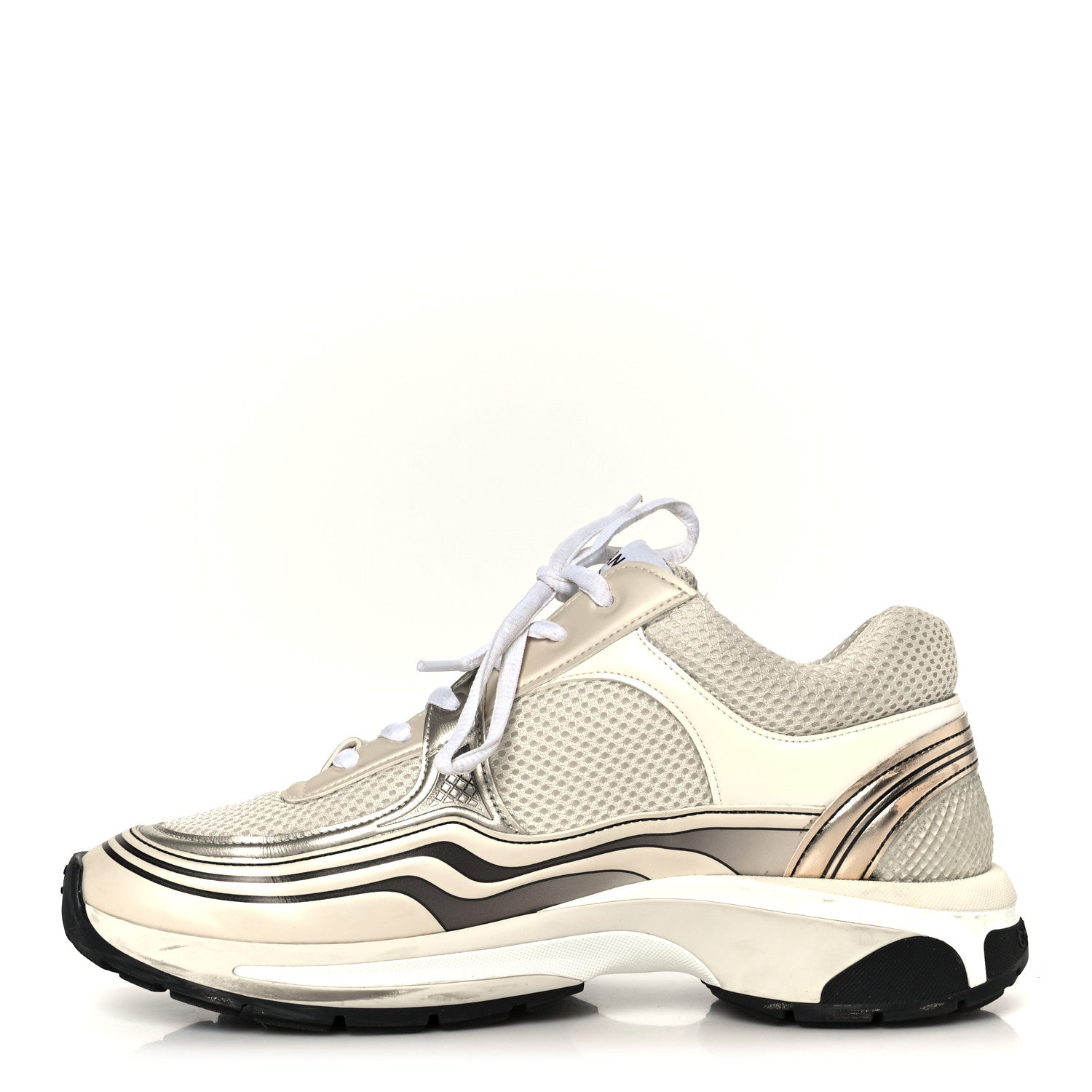 Chanel Fabric Laminated Calfskin Stretch CC Sneakers 40 Ivory Gold