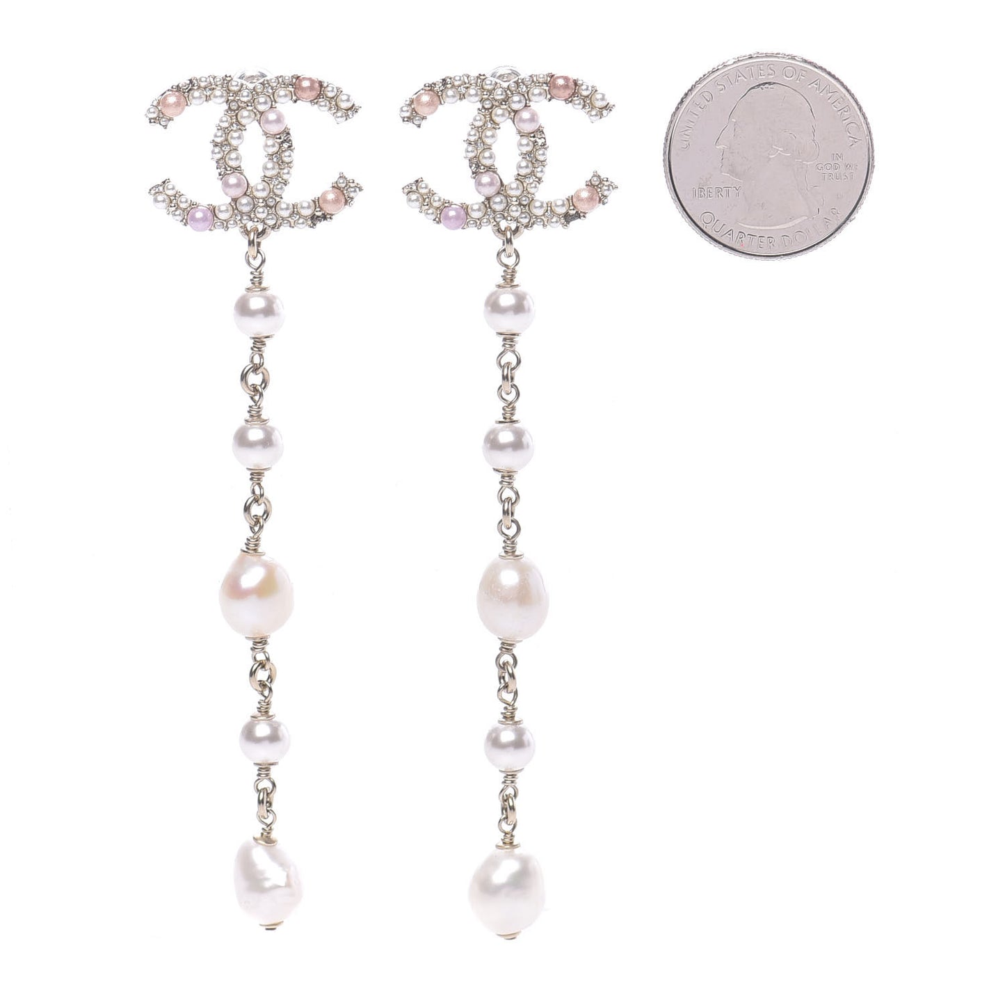 Pearl Crystal CC Charms Dangle Earrings Light Gold Pink