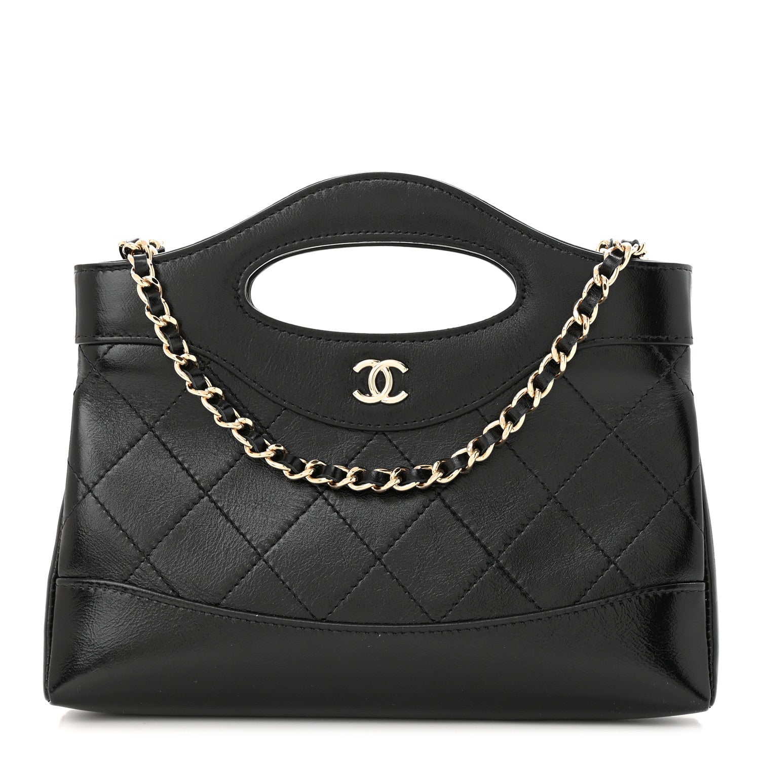 Chanel Shiny Crumpled Calfskin Quilted Nano 31 Shopping Bag Black