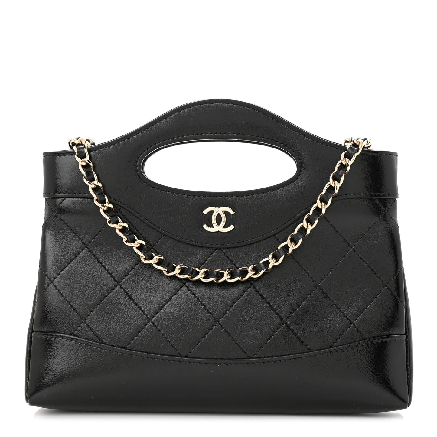 Shiny Crumpled Calfskin Quilted Nano 31 Shopping Bag Black