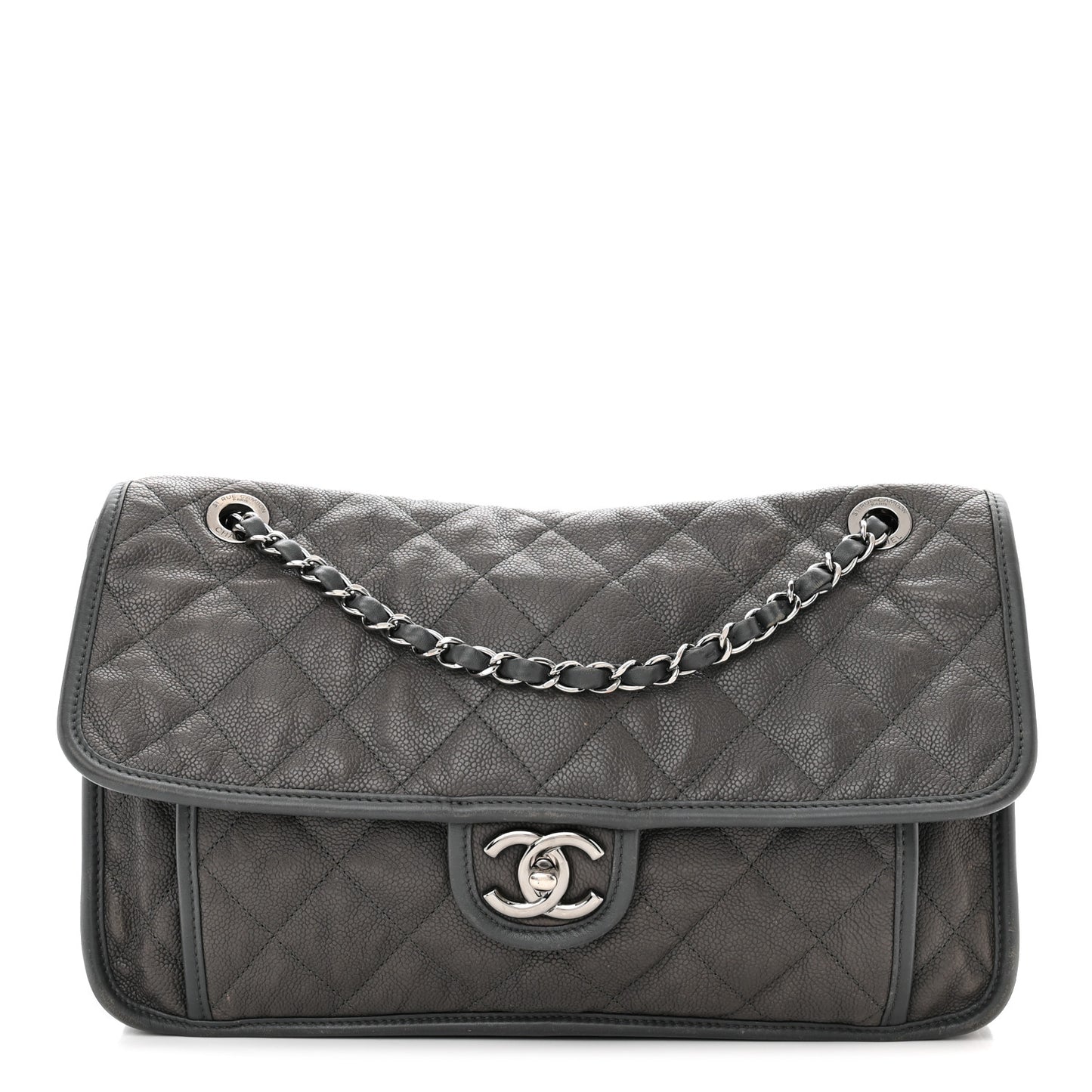 Caviar Quilted Large French Riviera Flap Dark Grey