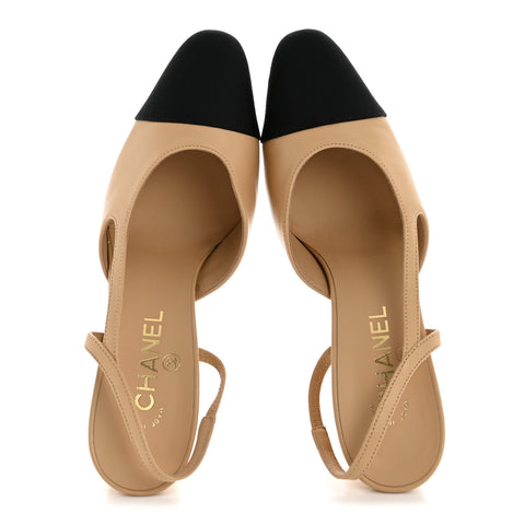 Goatskin Grosgrain Cap Toe CC Slingback Pumps 38.5 Beige Black