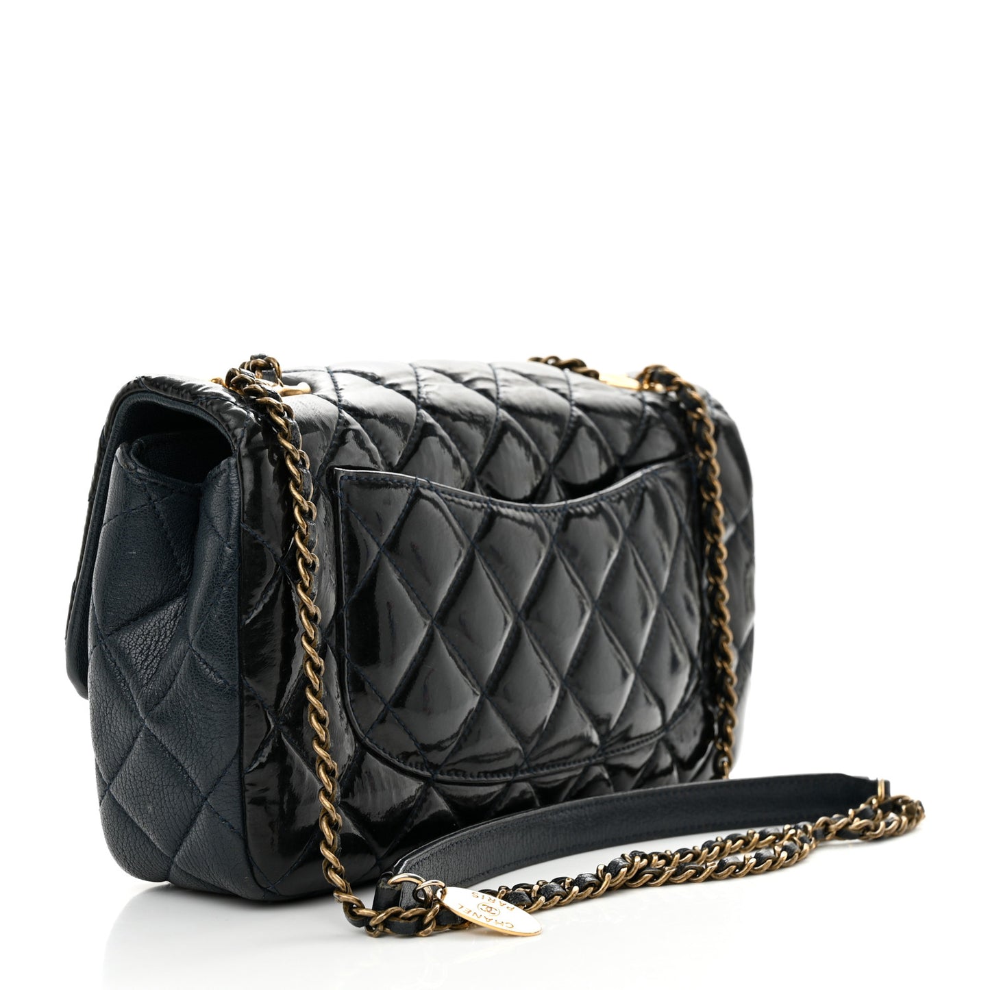 Patent Goatskin Quilted Medium CC Eyelet Flap Blue