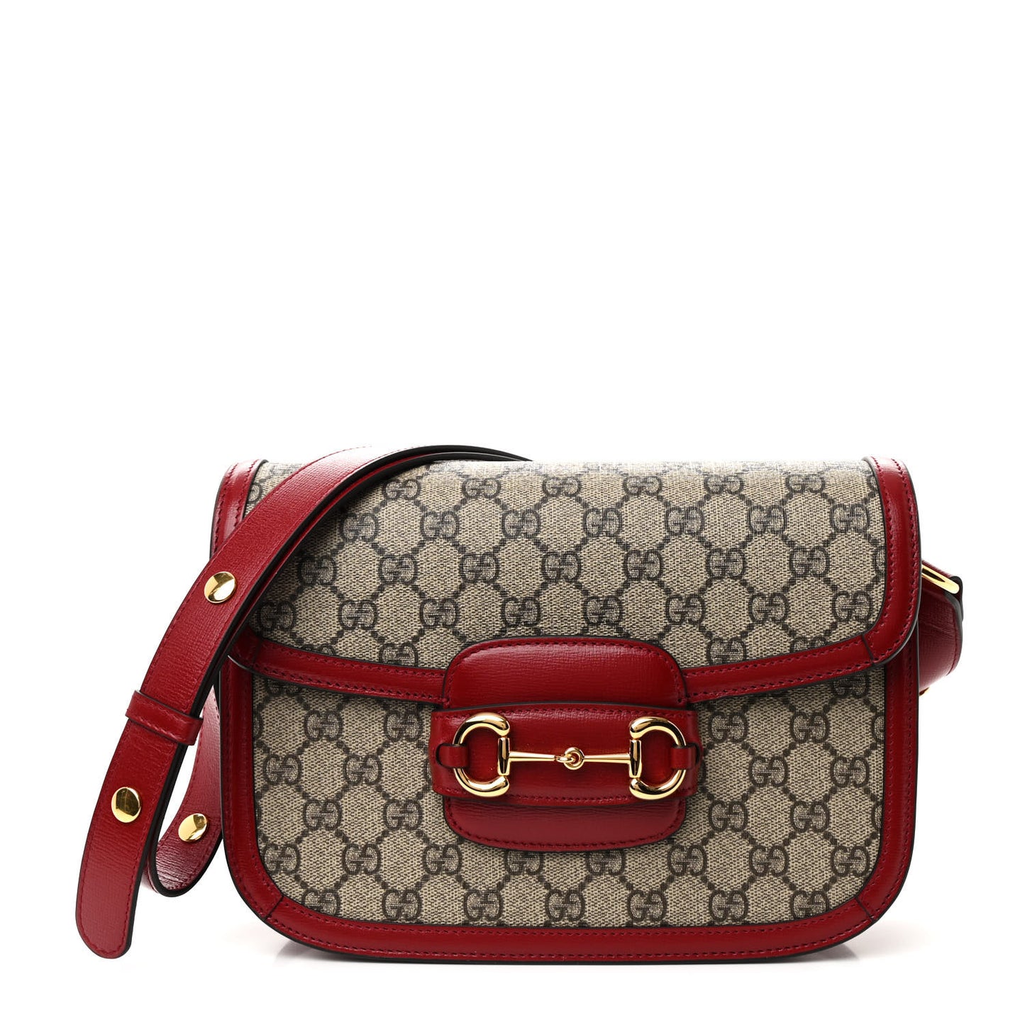 GG Supreme Monogram Azalea Calfskin Horsebit 1955 Shoulder Bag Beige Ebony New Cherry Red