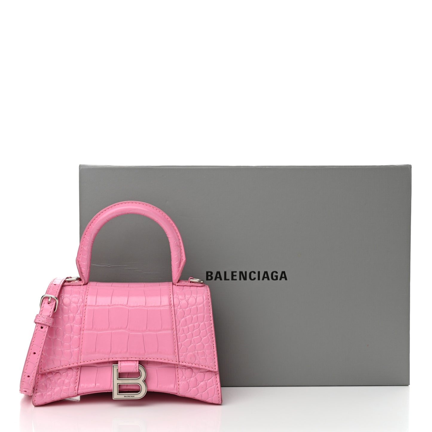 Shiny Calfskin Crocodile Embossed Hourglass Top Handle Bag XS Baby Pink