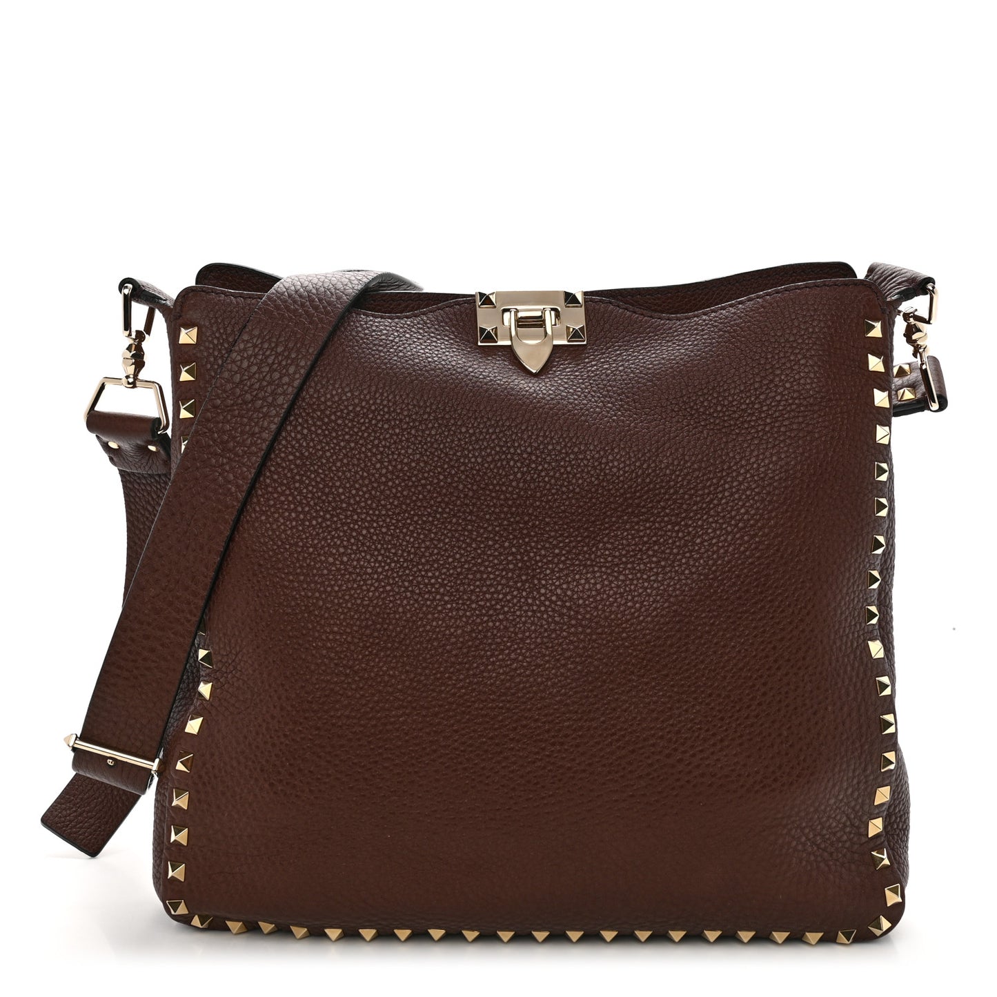 Pebbled Calfskin Large Rockstud Flip-Lock Messenger Bag Brown