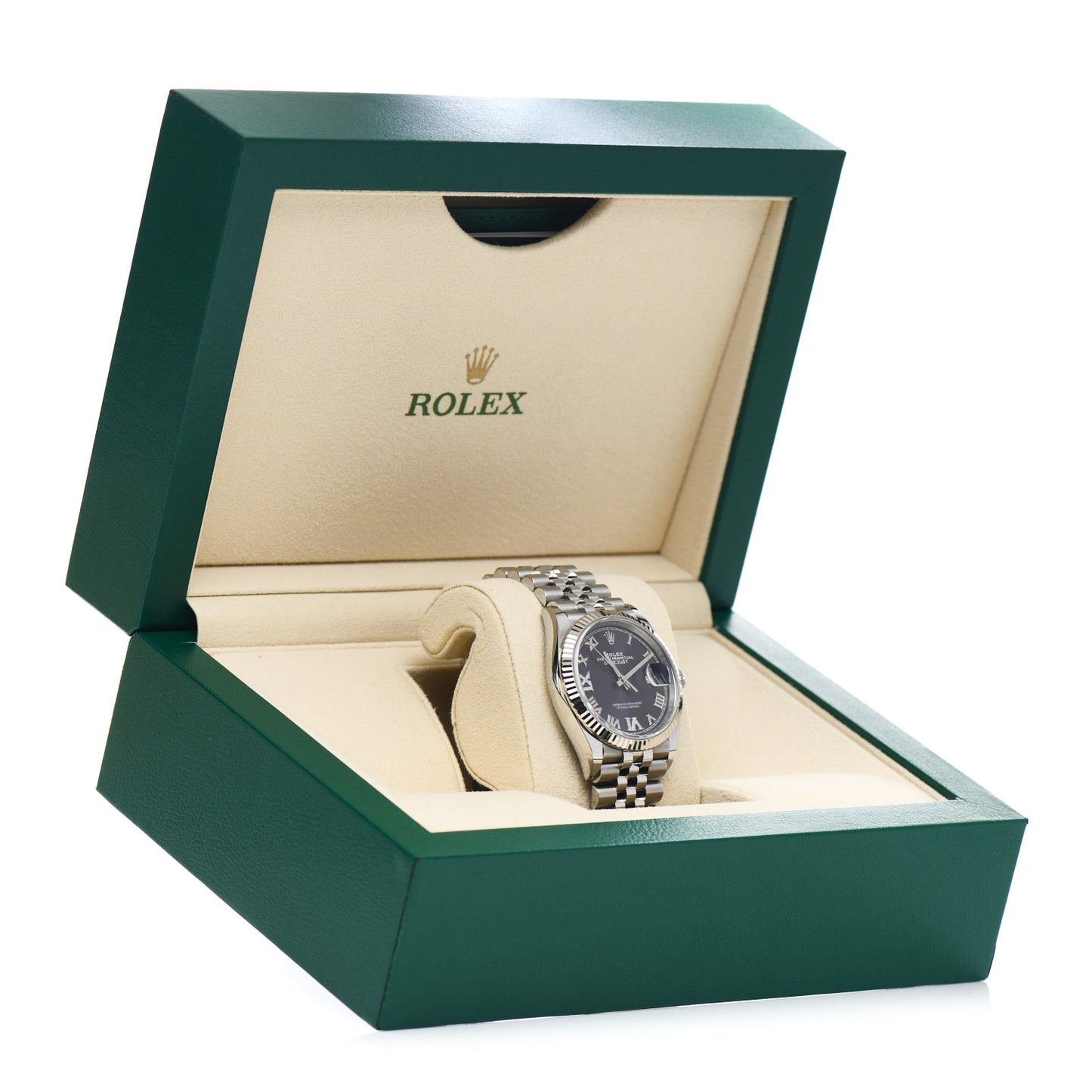 Stainless Steel 18K White Gold Diamond 36mm Oyster Perpetual Datejust Watch Aubergine Roman 126234