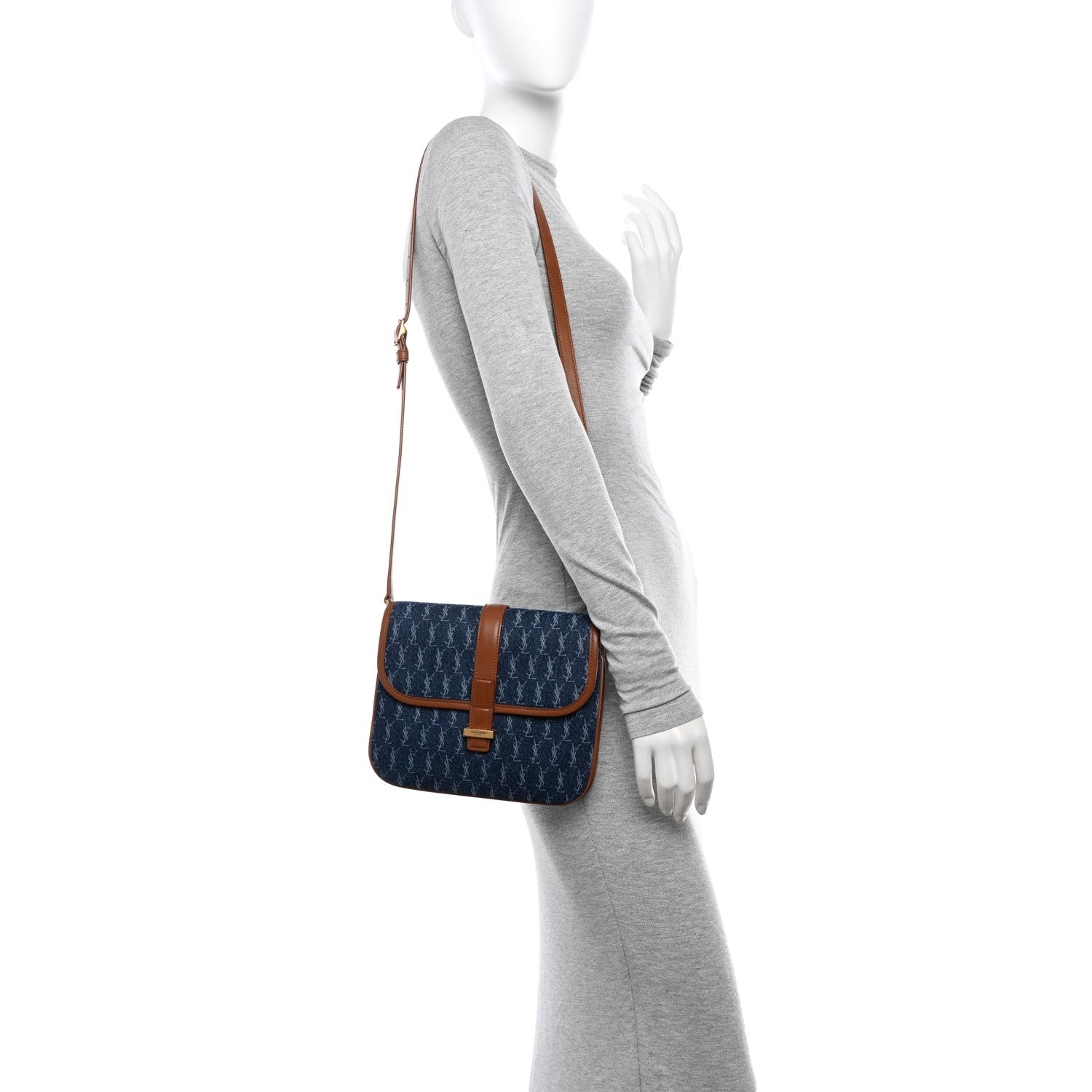 Saint Laurent Denim All-Over Monogram Small Le Monogramme Satchel Navy Blue 2 of 11