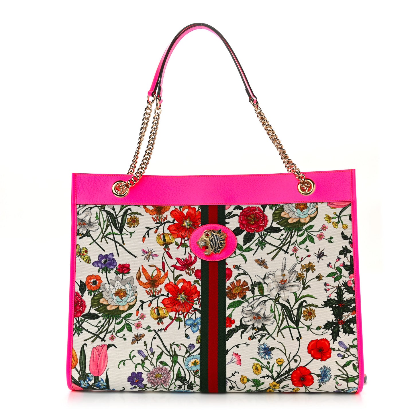 Canvas Flora Large Rajah Chain Tote White Multicolor Fuxia Fluo