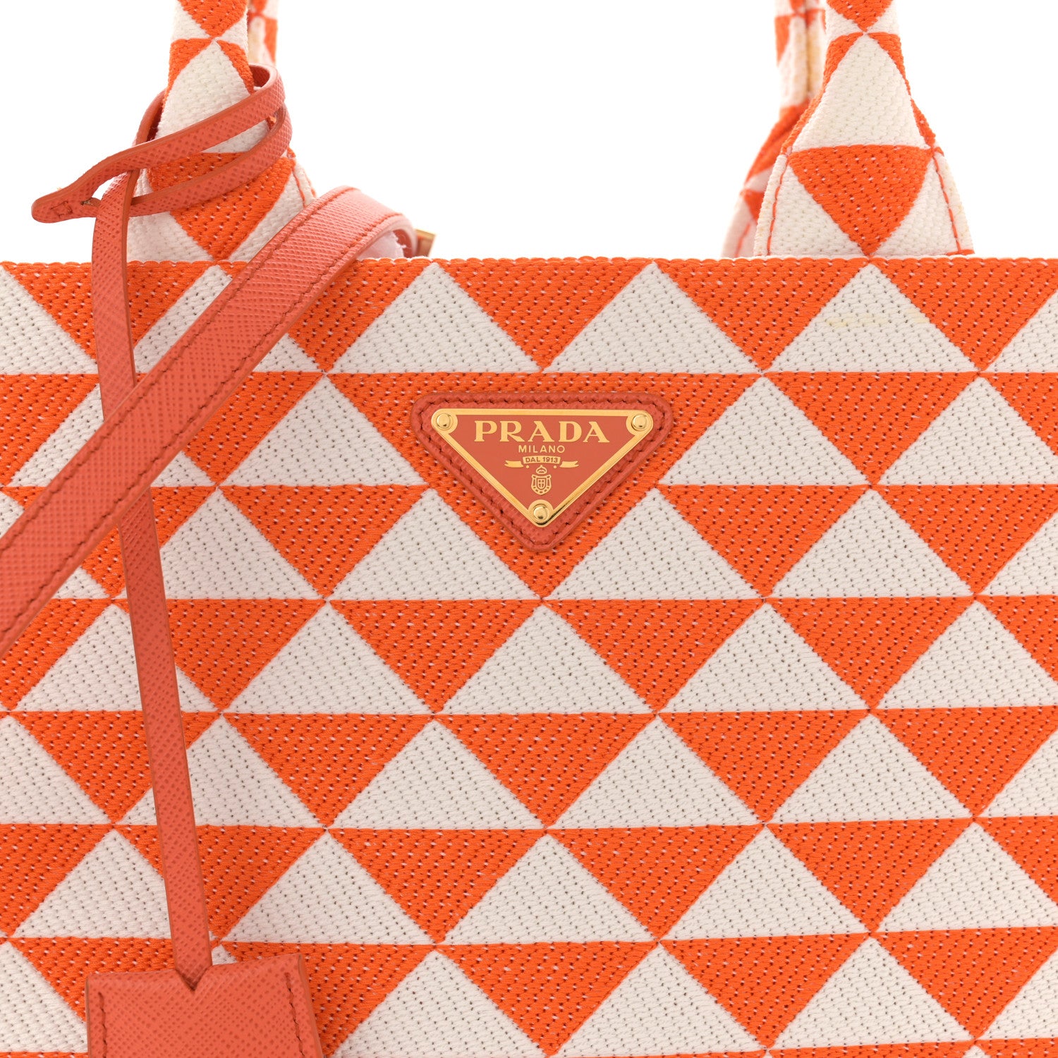 Prada Jacquard Saffiano Triangolo Symbole Embroidered Small Tote Arancio White 8 of 14