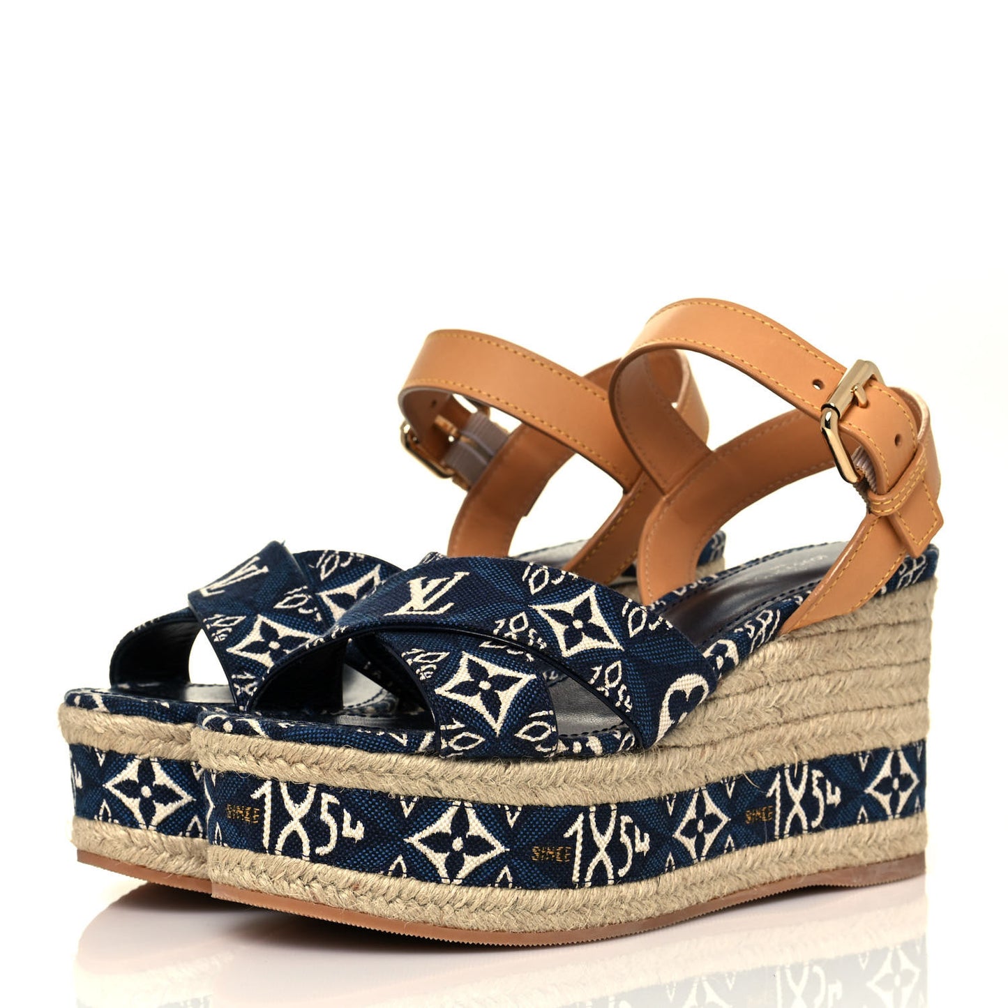 Jacquard Calfskin Since 1854 Boundary Wedge Sandals 35.5 Blue