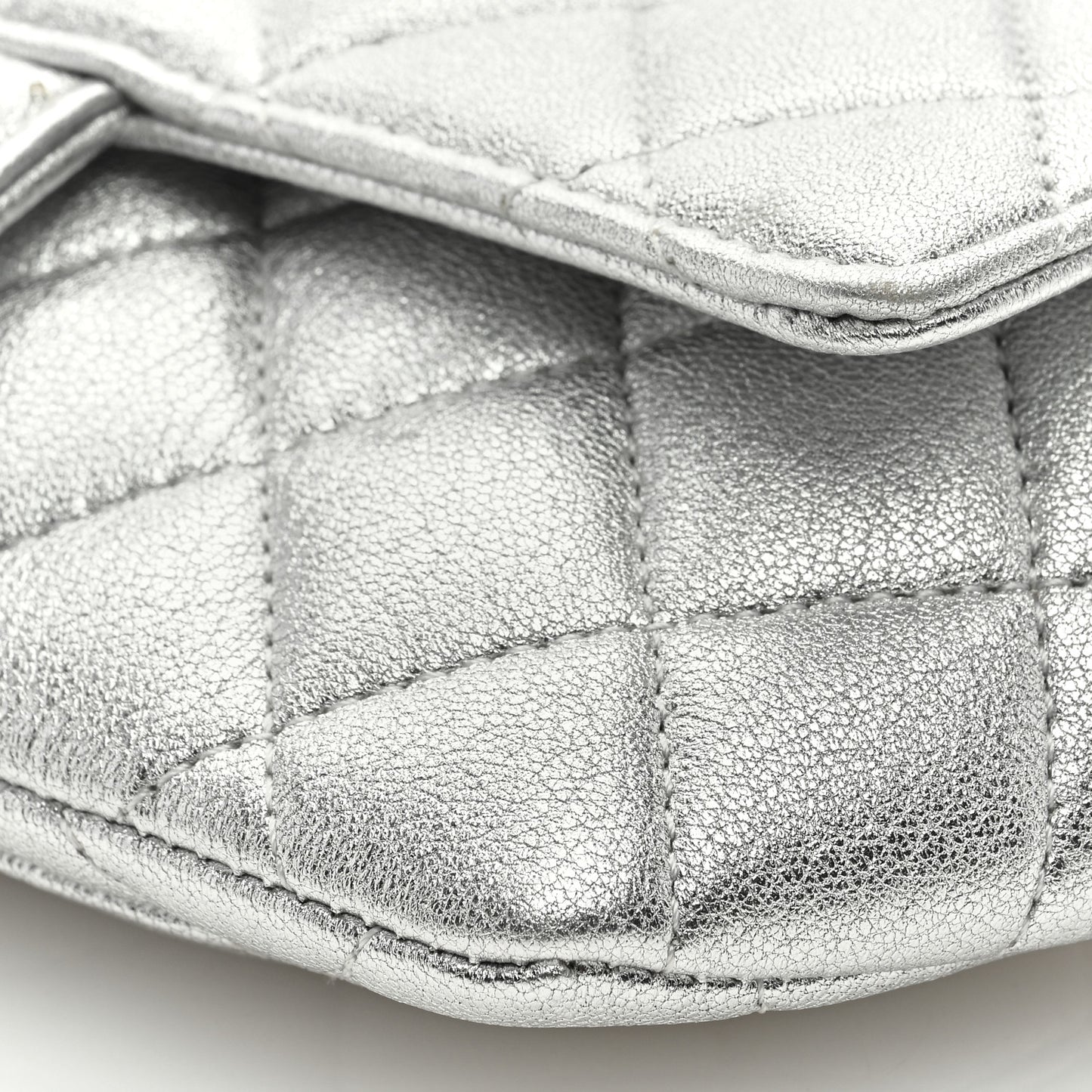 Metallic Lambskin Quilted Glasses Case With Chain Silver