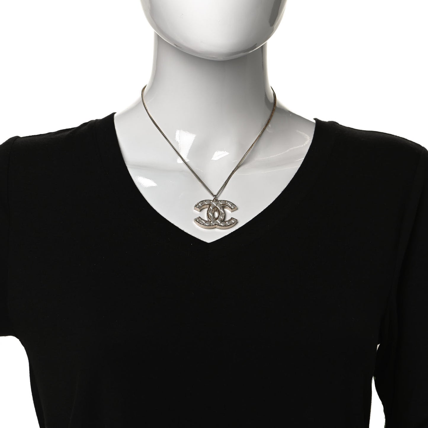 Metal Quilted CC Pendant Necklace Gold White
