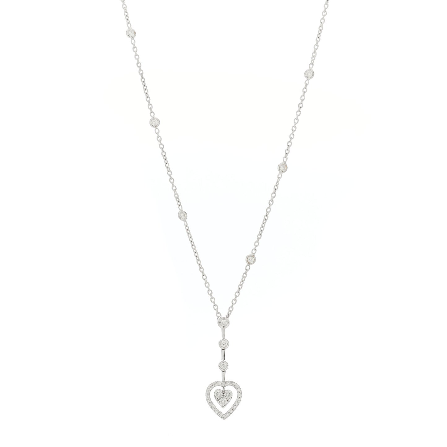 18K White Gold Diamond Open Heart Drop Pendant Necklace
