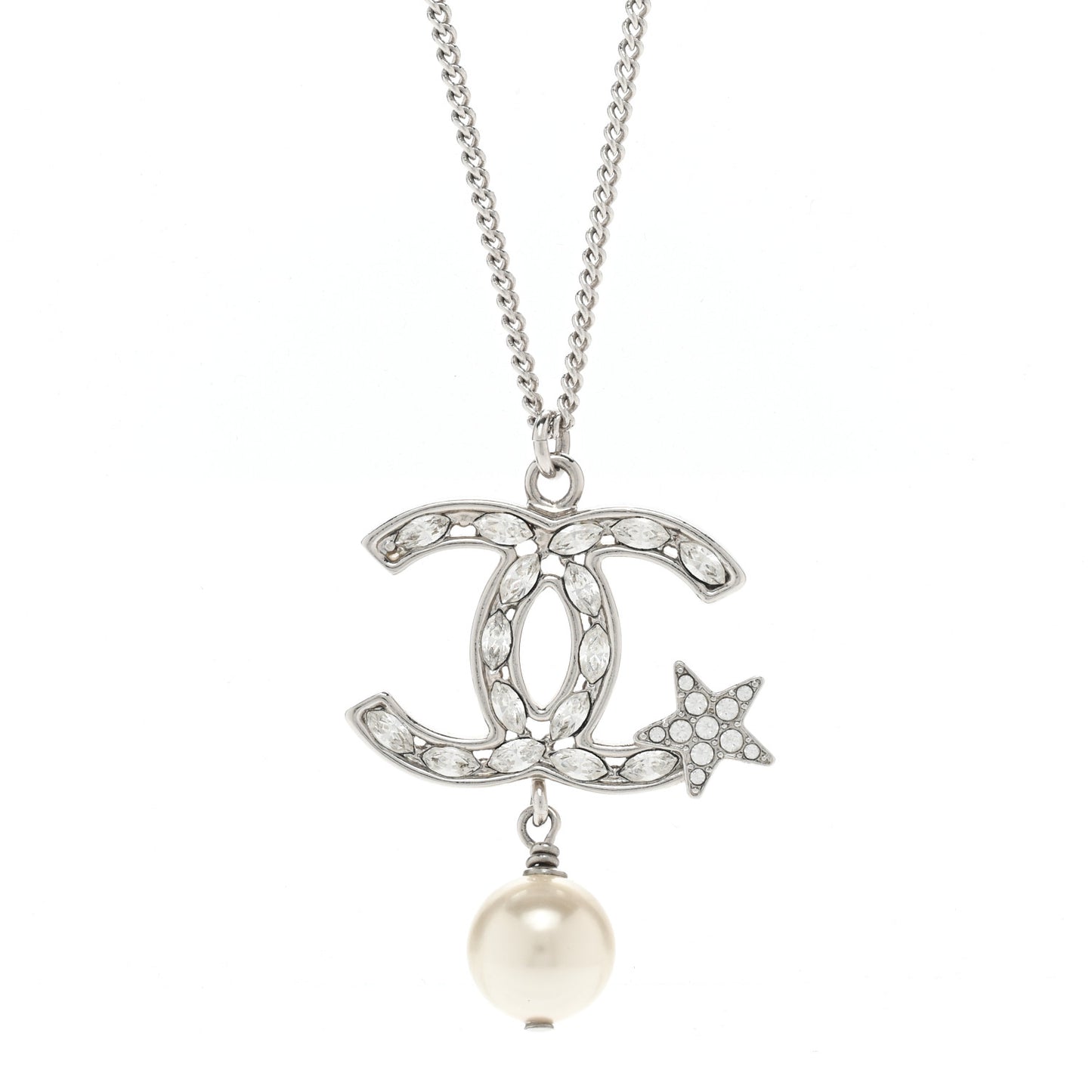 Crystal CC Star Pearl Drop Necklace Silver