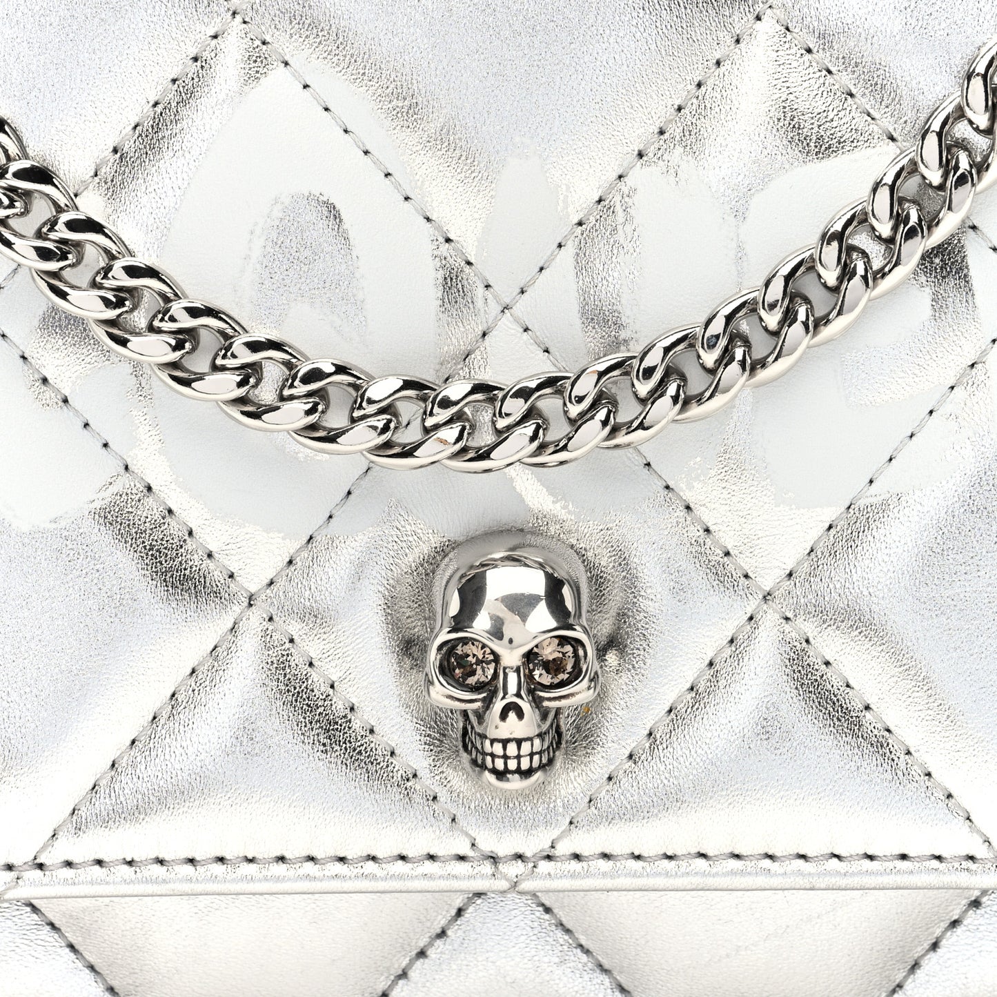 Metallic Calfskin Quilted Graffiti Skull Small Chain Crossbody Bag Silver