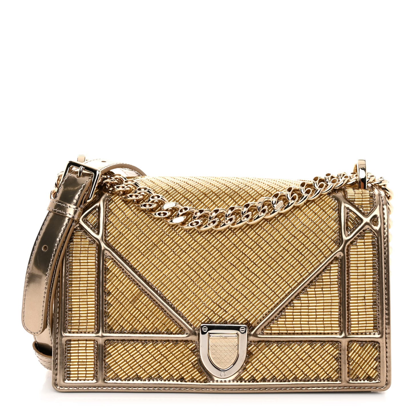 Metallic Calfskin Beaded Small Diorama Flap Bag Gold