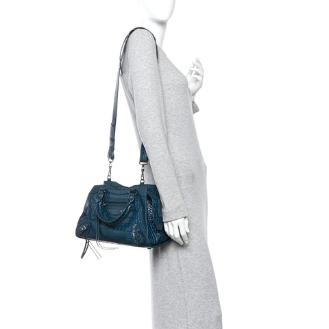 Extra Supple Calfskin Crocodile Embossed Neo Classic Silver Hardware S City Dark Petrol Blue