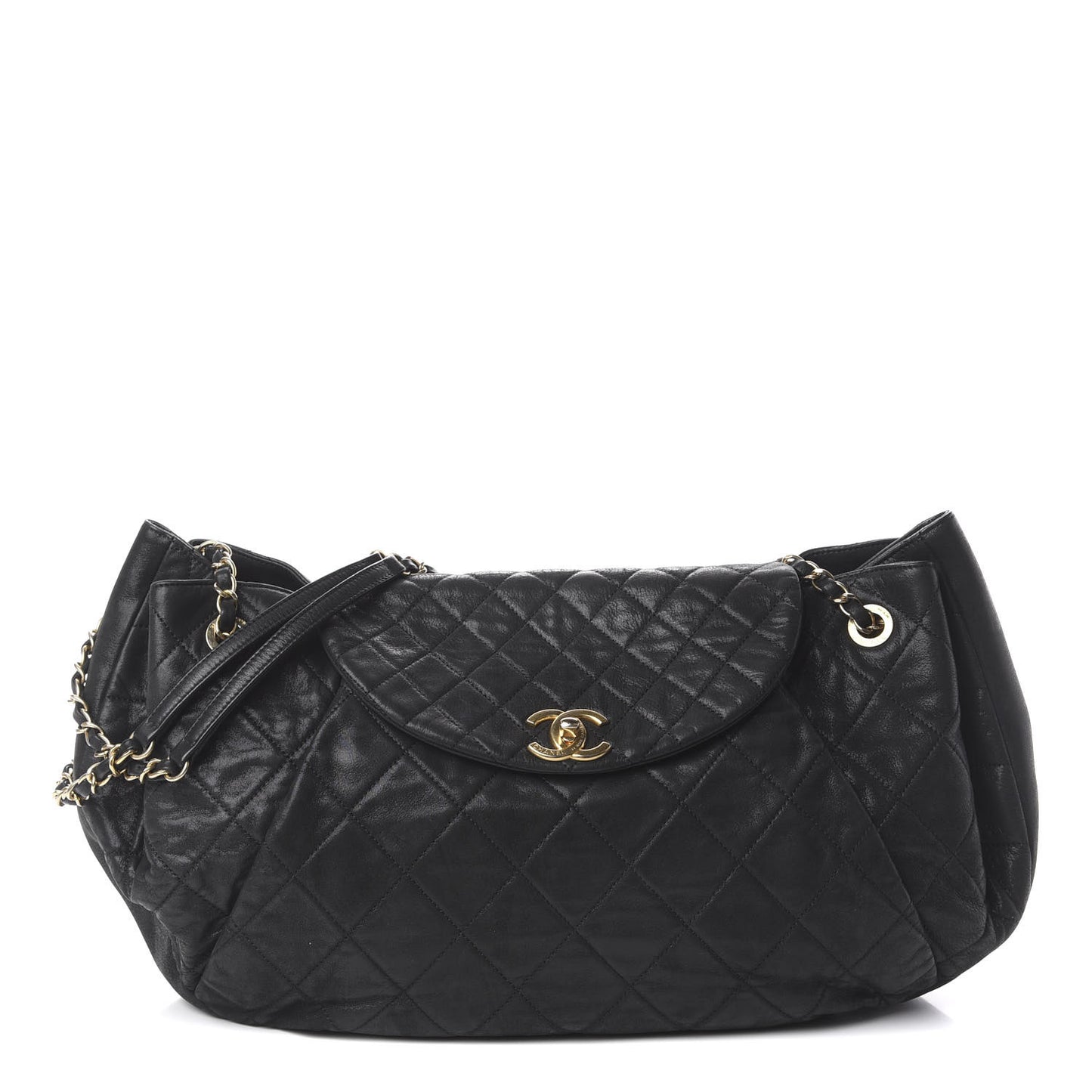 Iridescent Calfskin Chic Quilt Accordion Flap Bag Black