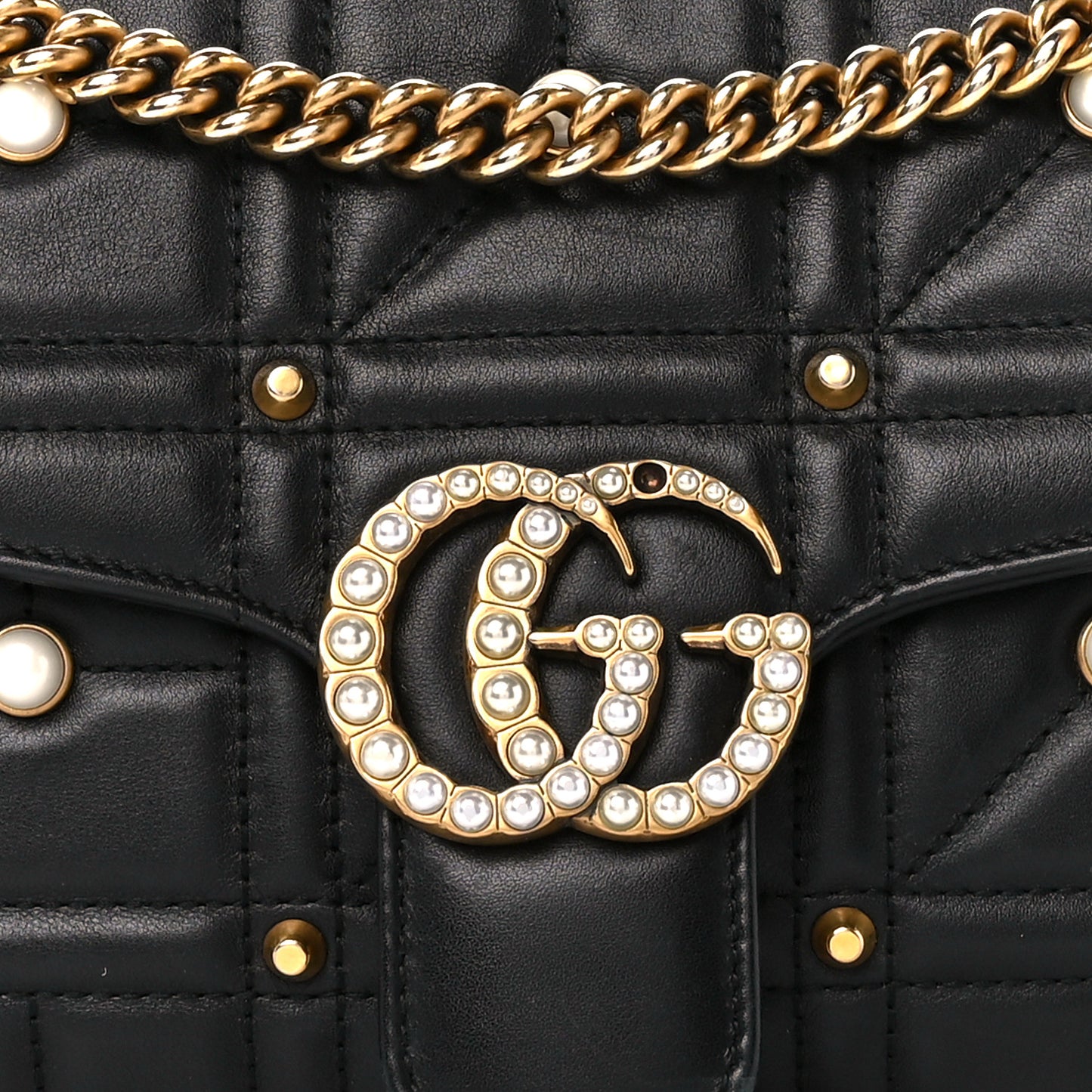 Calfskin Matelasse Studded Small Pearly GG Marmont Shoulder Bag Black