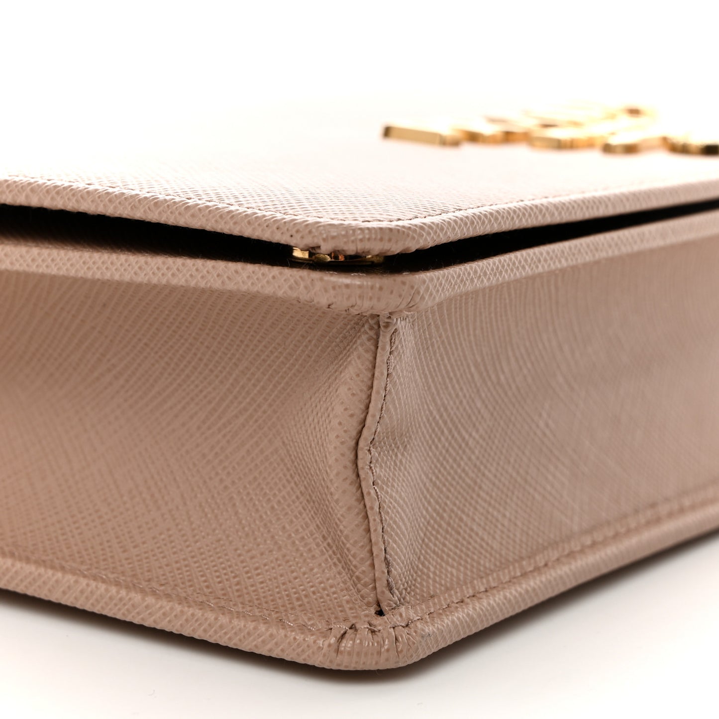 Saffiano Lux Metal Logo Mini Chain Flap Crossbody Bag Cipria