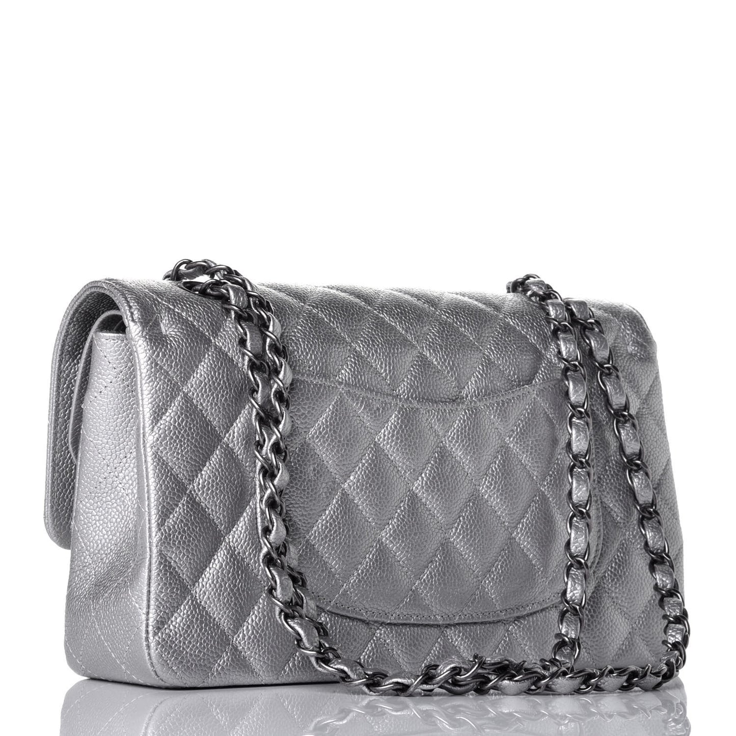 Metallic Caviar Quilted Medium Double Flap Silver