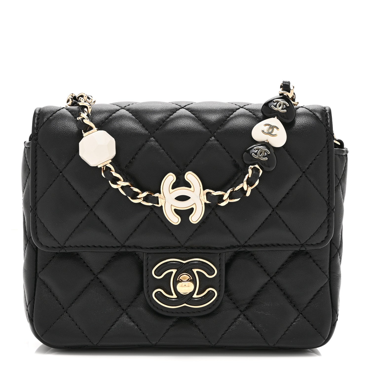 CHANELレディース Chanel Lambskin Resin Quilted Mini Heart Square Flap Black 1951418