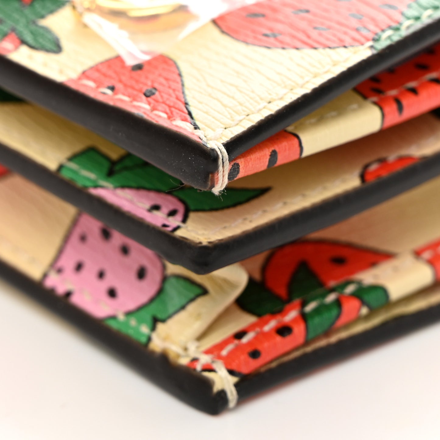 Calfskin Strawberry Print Zumi Chain Card Case Wallet Ivory Red