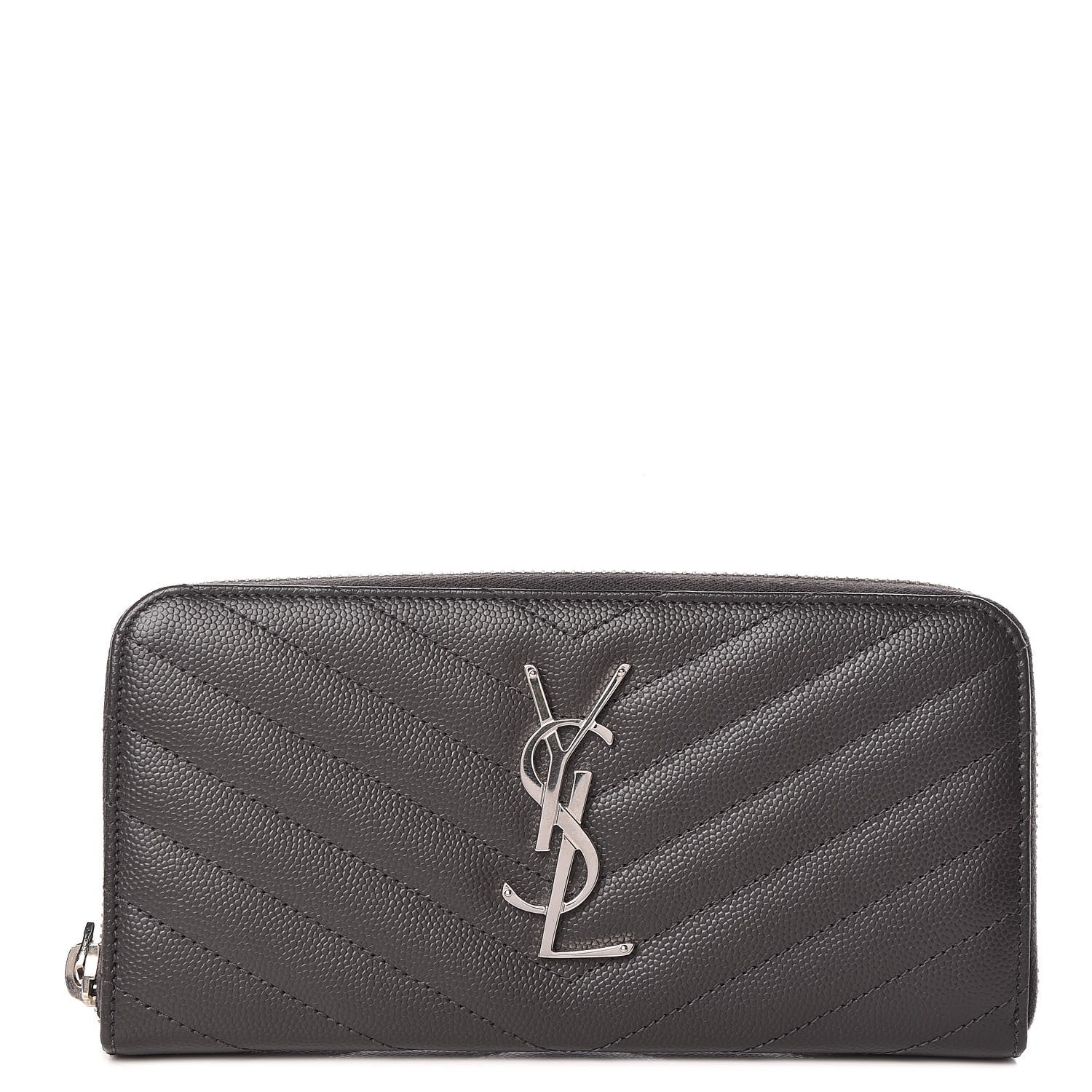 Saint Laurent Grain De Poudre Matelasse Chevron Monogram Zip Around Wallet Coal 1 of 9