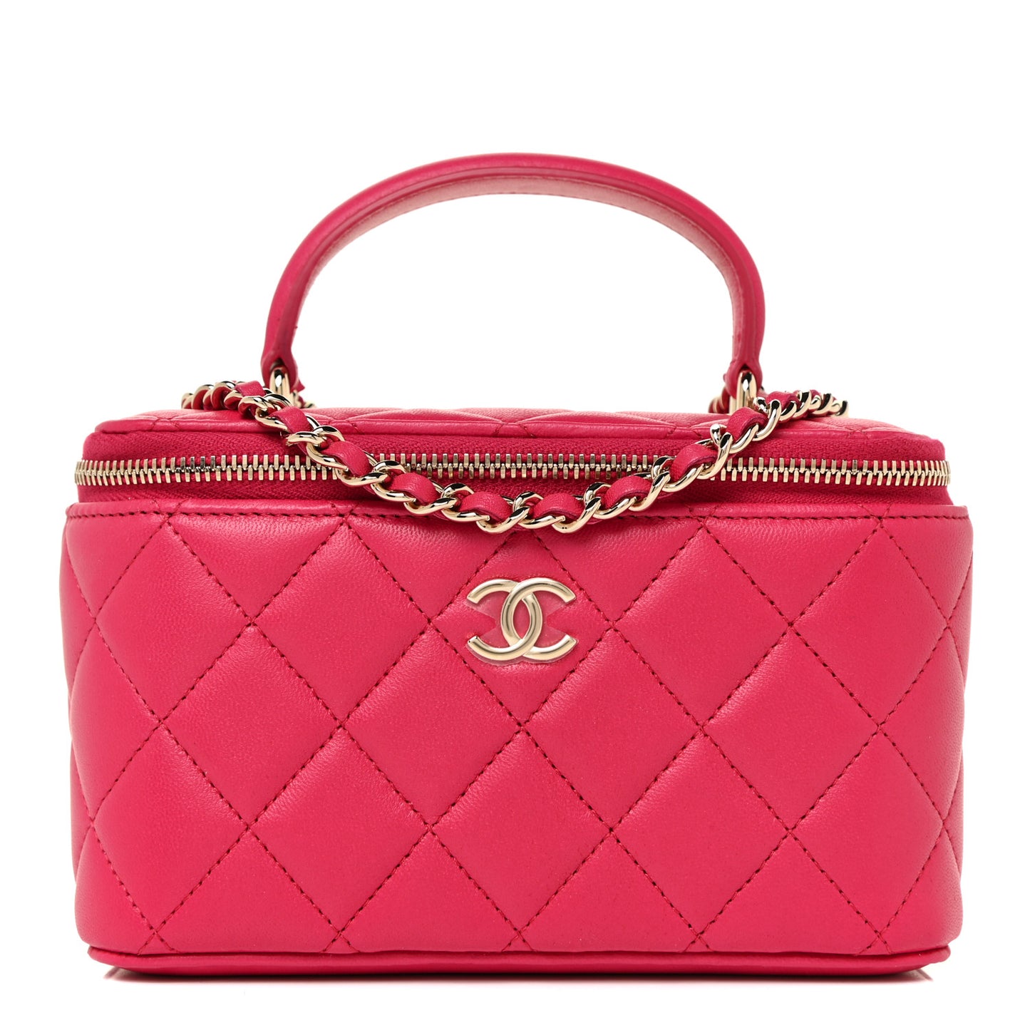 Lambskin Quilted Small Top Handle Vanity Case With Chain Dark Pink