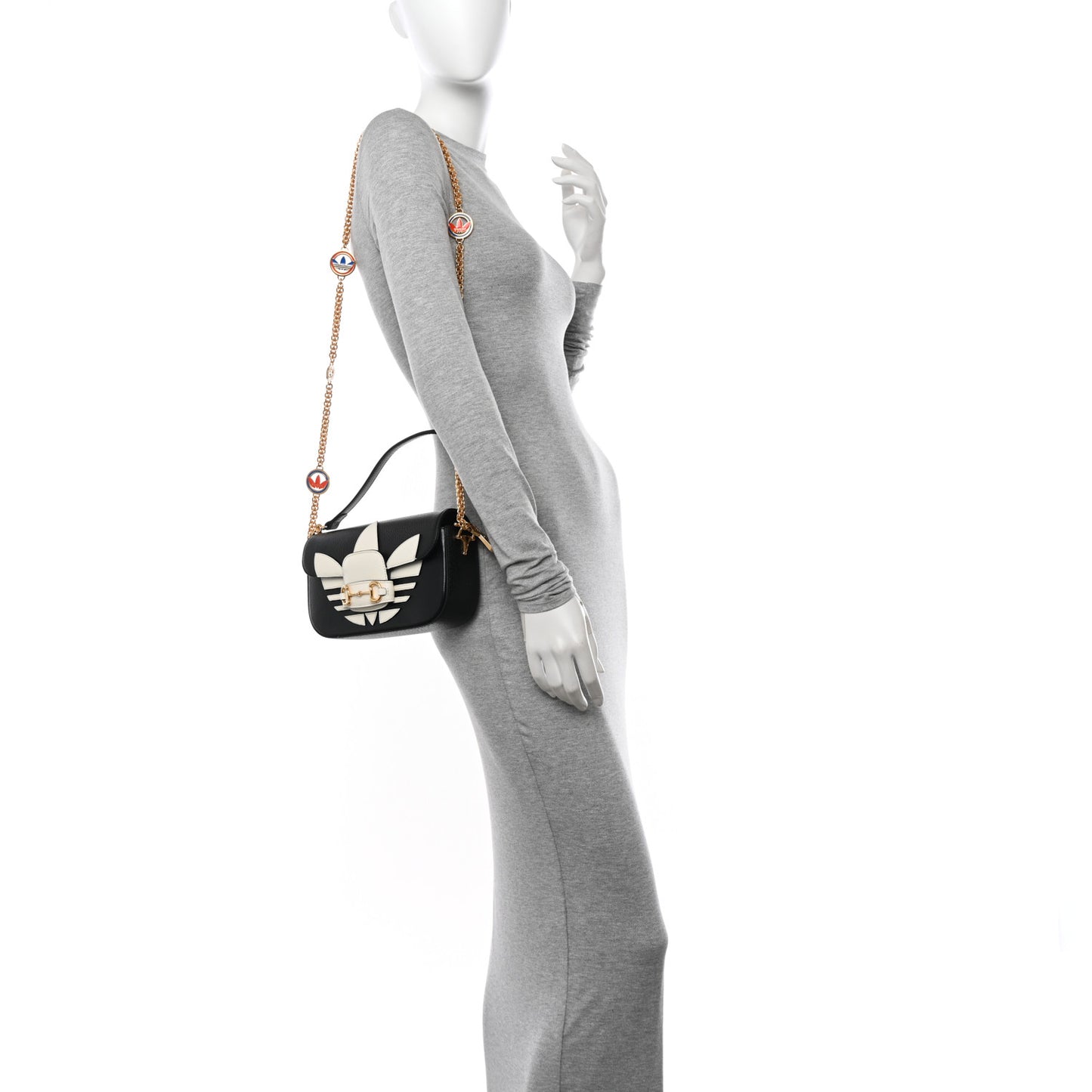 X ADIDAS Textured Dollar Calfskin Web Small Trefoil Horsebit 1955 Shoulder Bag Black Off White