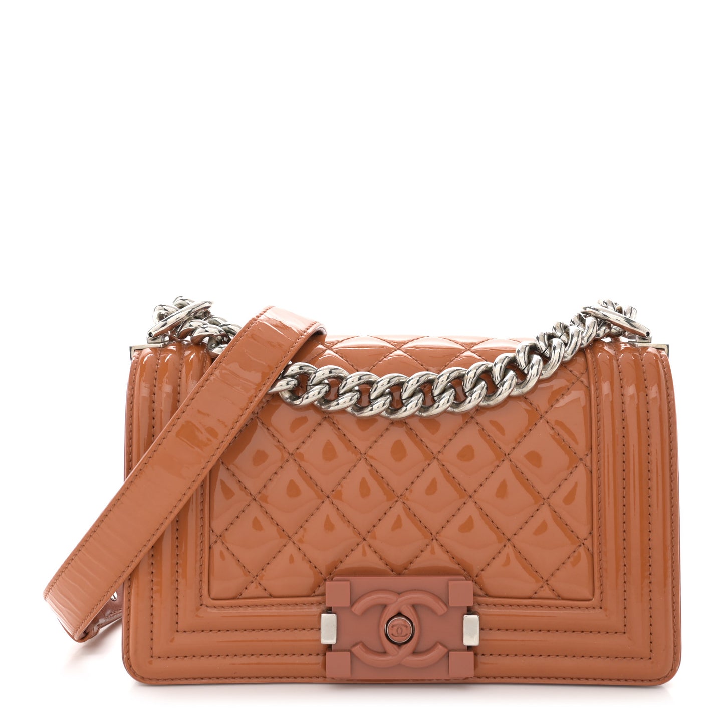 Patent Calfskin Quilted Small Plexiglass Boy Flap Orange