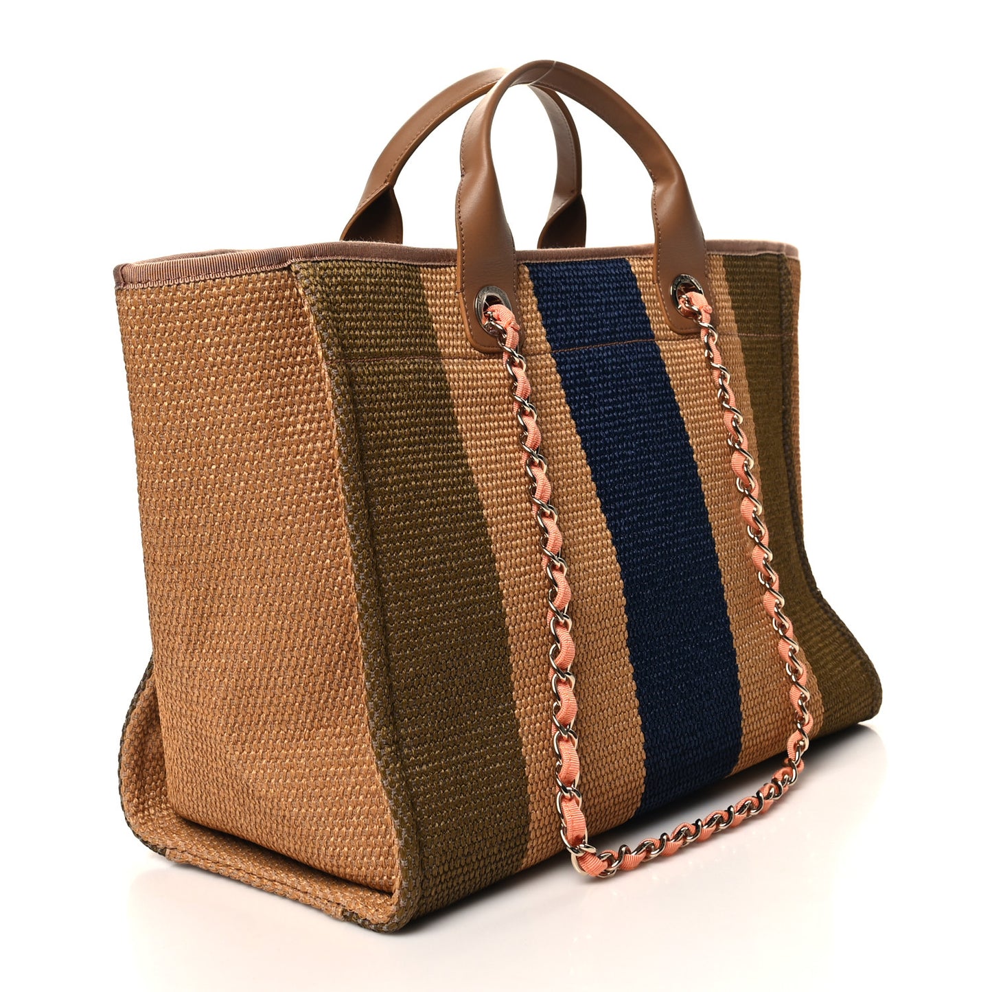 Straw Raffia Calfskin Striped Medium Deauville Tote Khaki Beige Navy Blue