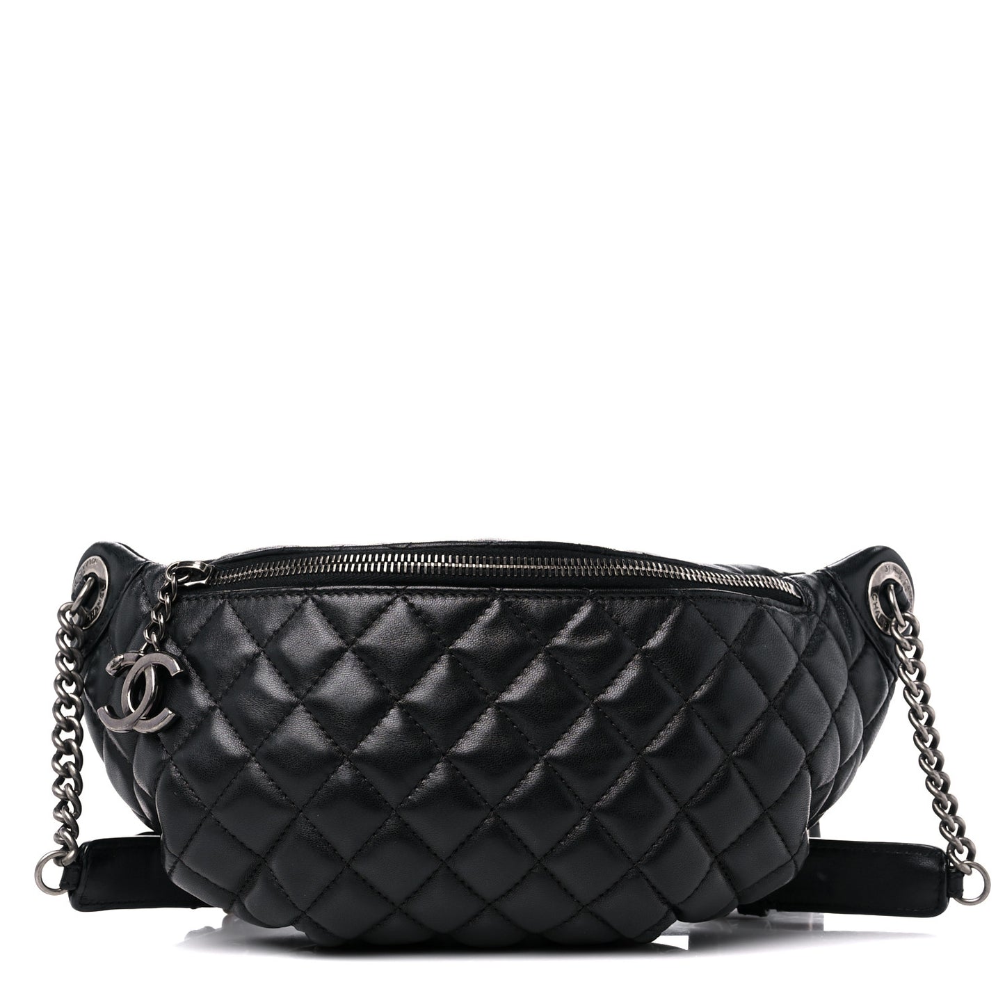 Lambskin Quilted Banane Waist Bag Fanny Pack Black