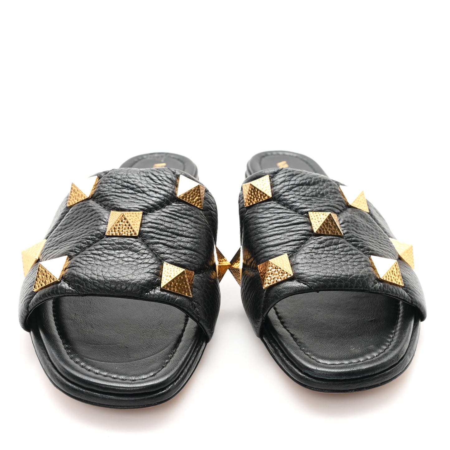 Pebbled Calfskin Roman Stud Flat Slide Sandals 37.5 Black