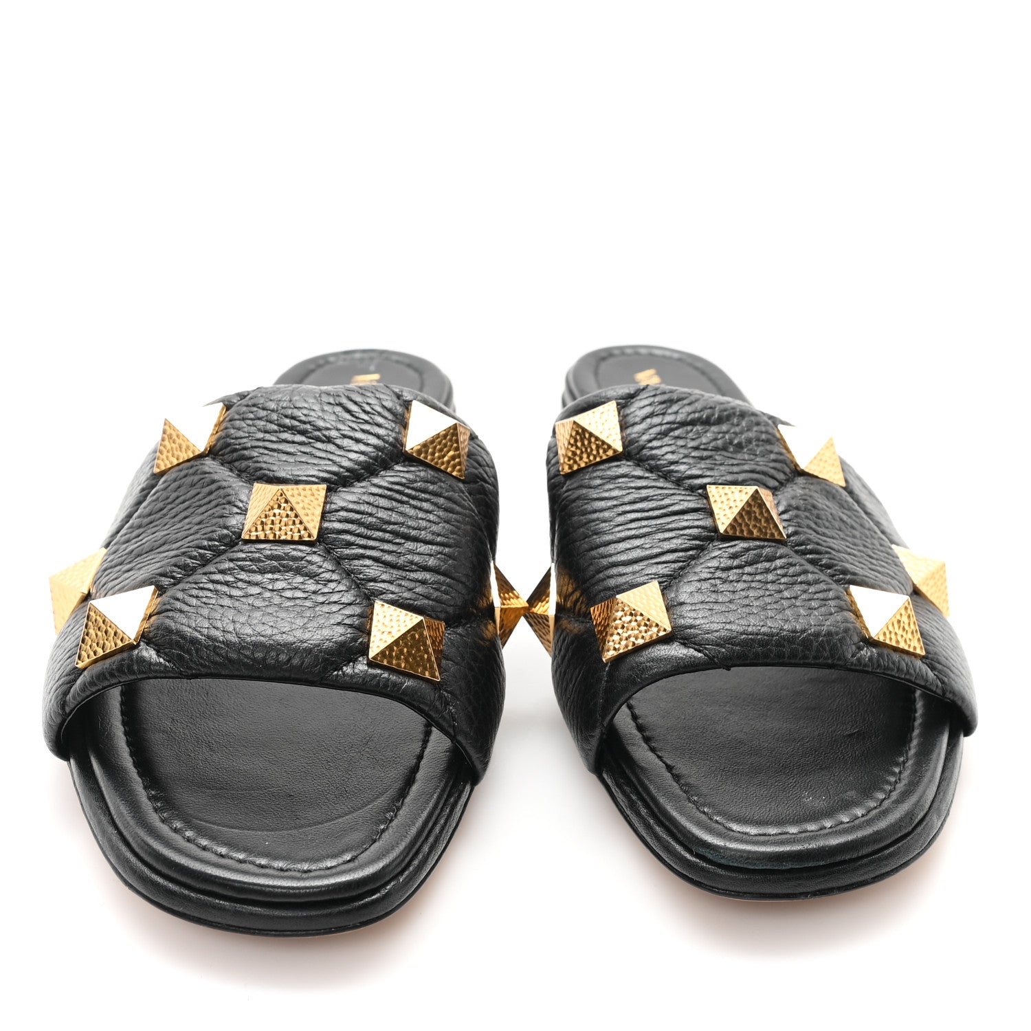 Valentino Garavani Pebbled Calfskin Roman Stud Flat Slide Sandals 37.5 Black 3 of 10