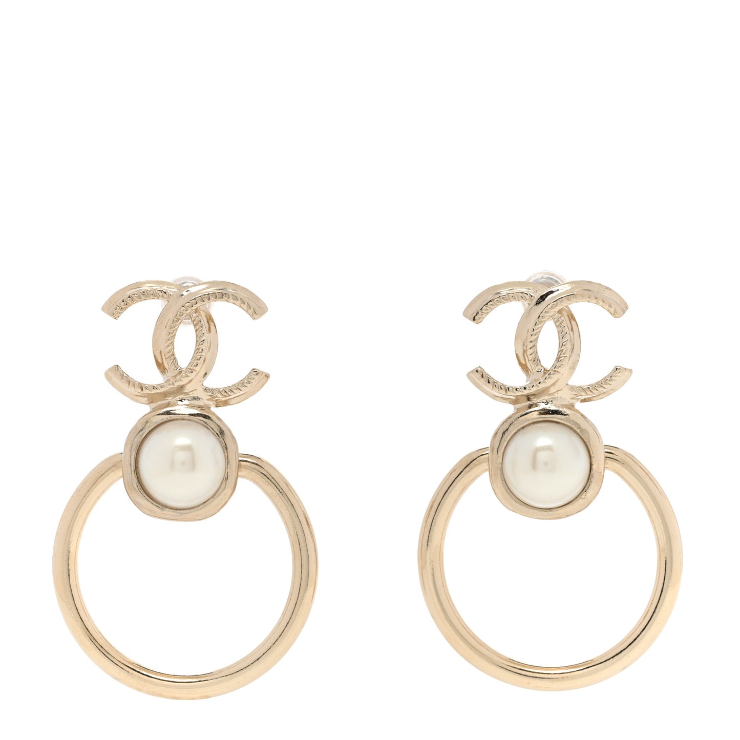 Metal Pearl CC Hoop Drop Earrings Gold