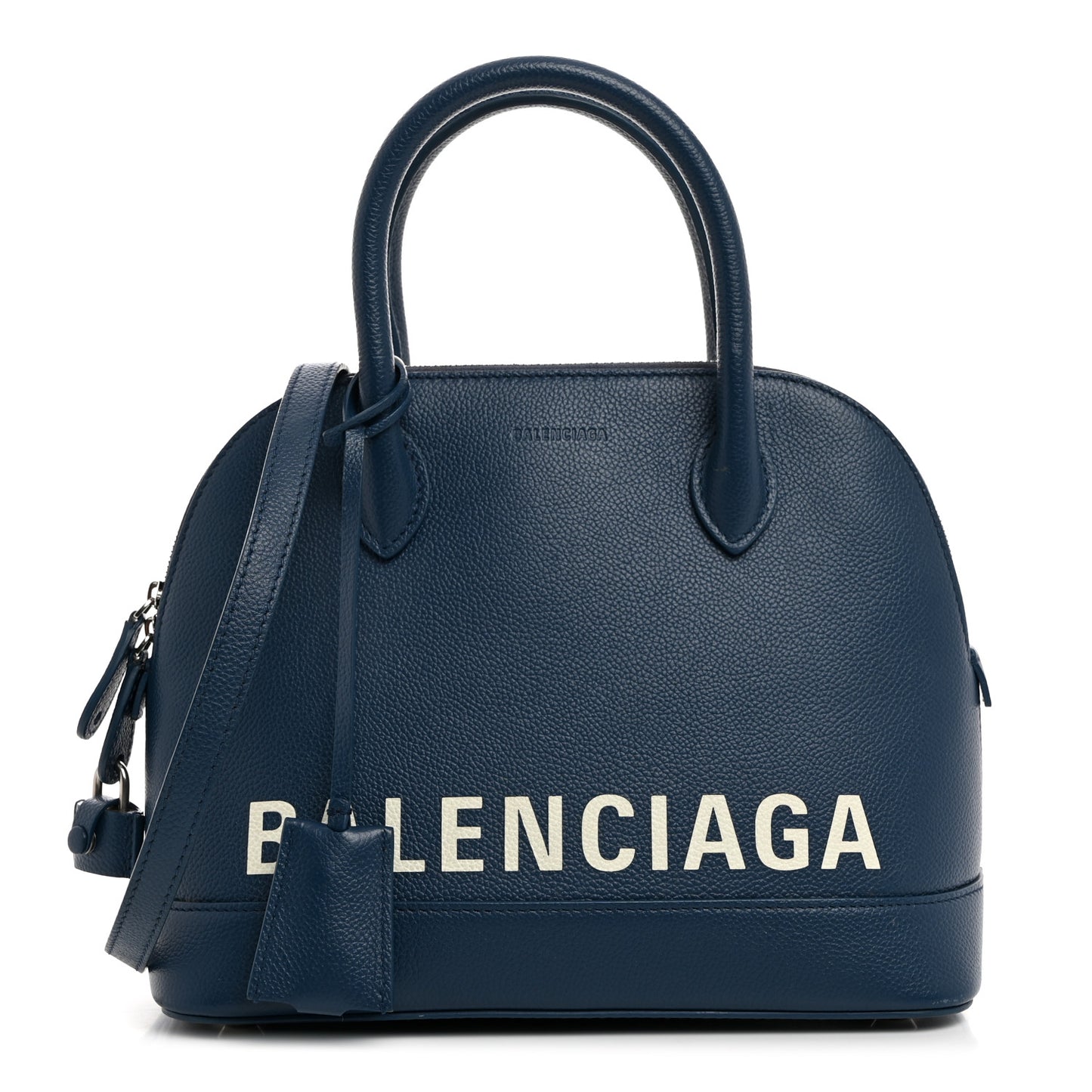 Signature Grained Calfskin Logo S Ville Top Handle Bag Petrol Blue White