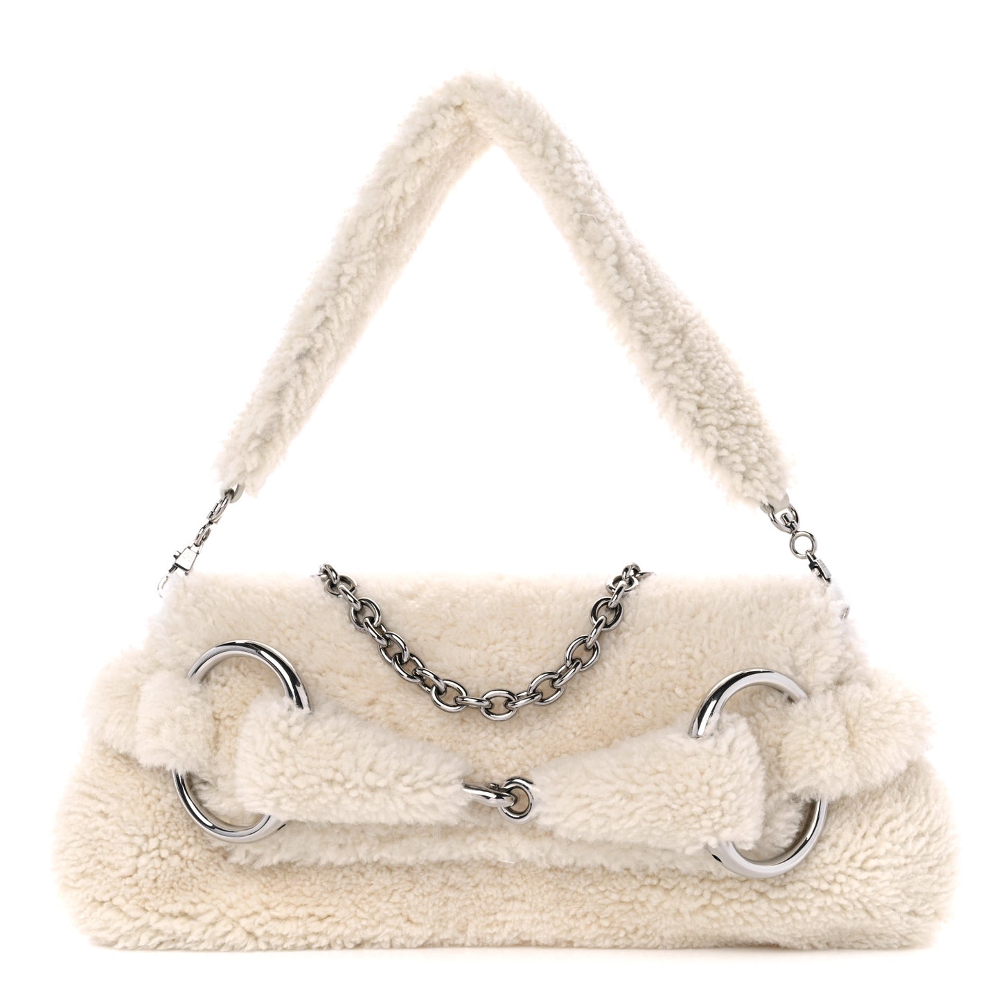 Merino Wool Medium Maxi Horsebit Chain Shoulder Bag Off White