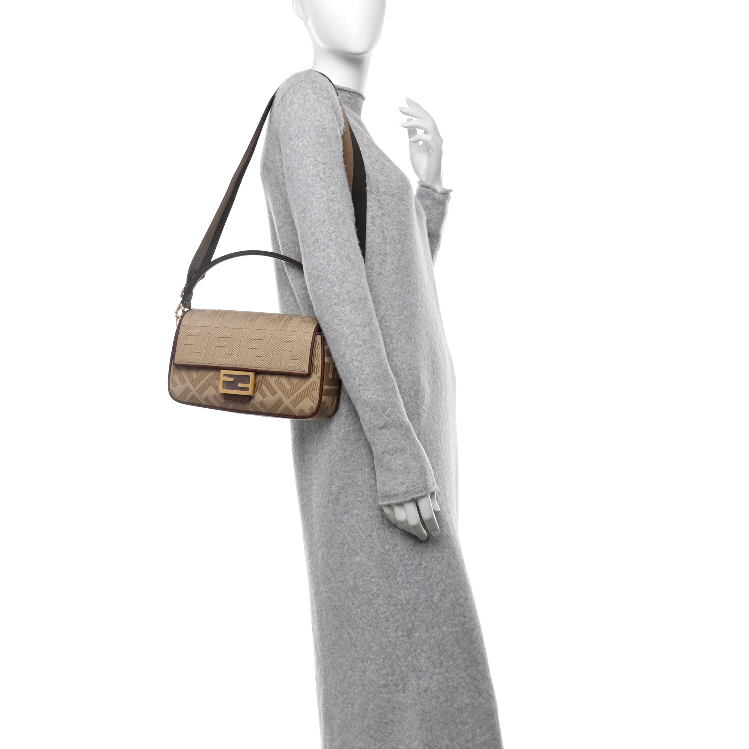 Fendi Canvas Vitello King FF Embroidered Baguette Sand Ghianda 2 of 10