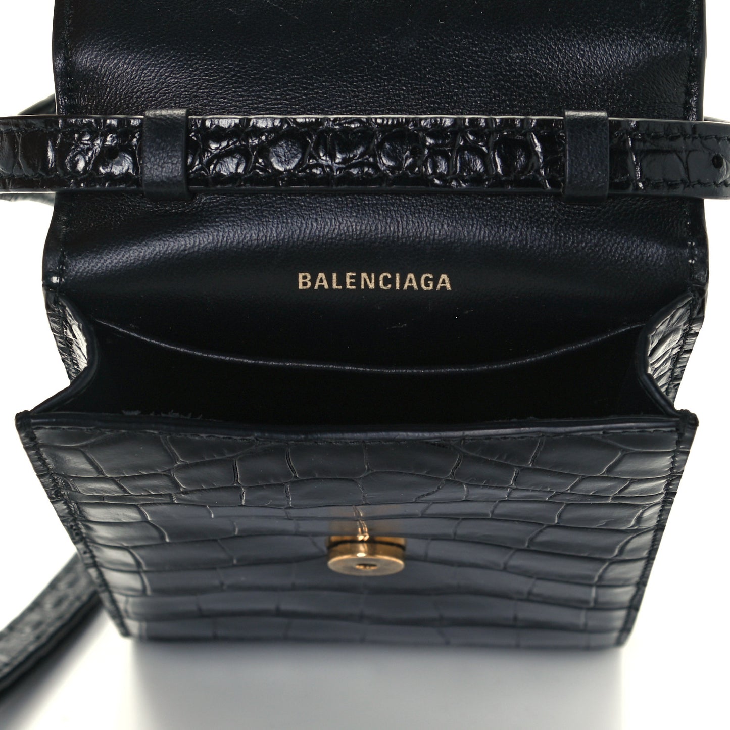 Shiny Calfskin Crocodile Embossed B Phone Holder Black