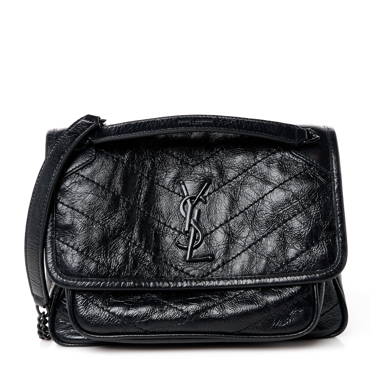 Crinkled Calfskin Matelasse Monogram Baby Niki Chain Satchel Black