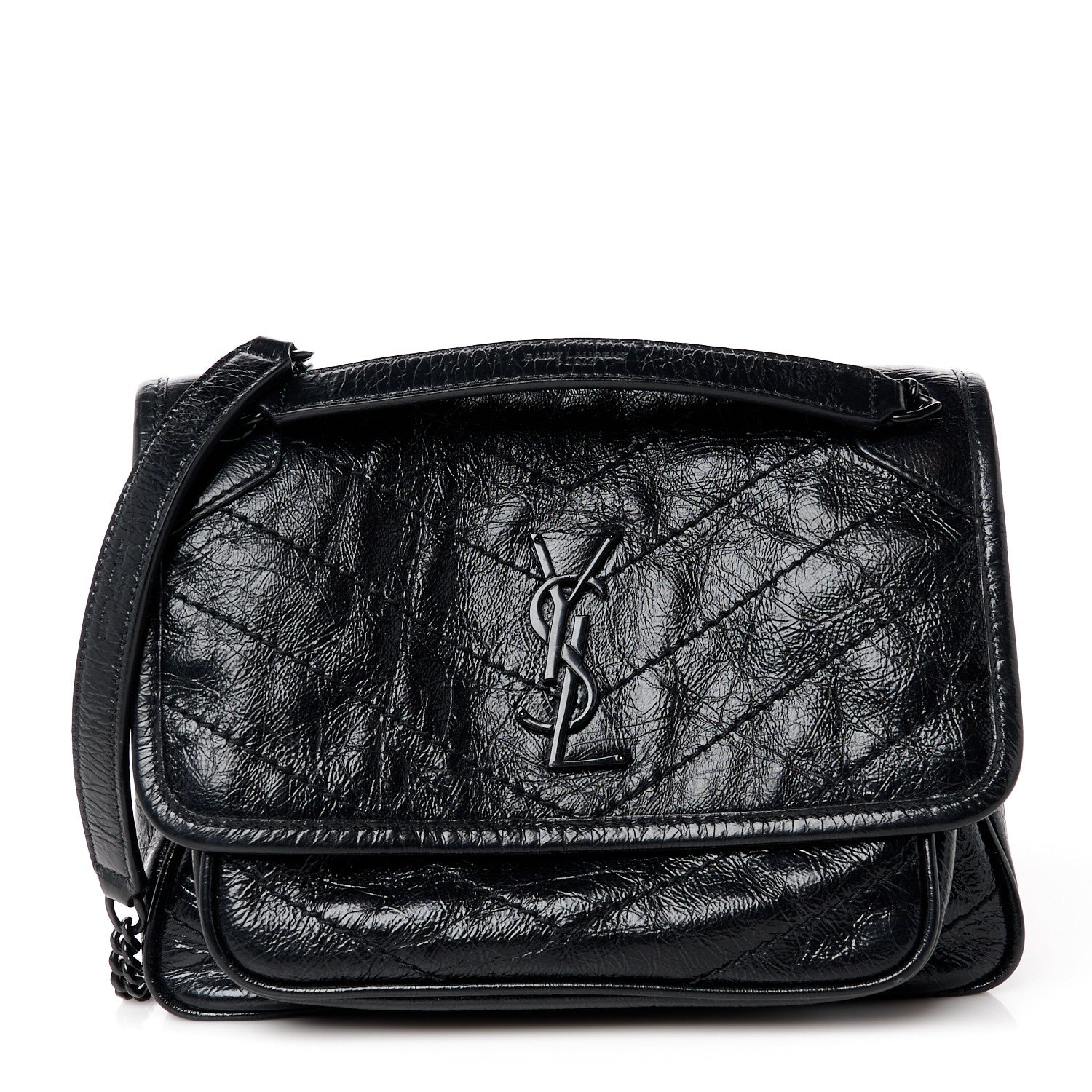 Saint Laurent Crinkled Calfskin Matelasse Monogram Baby Niki Chain Satchel Black 1 of 11